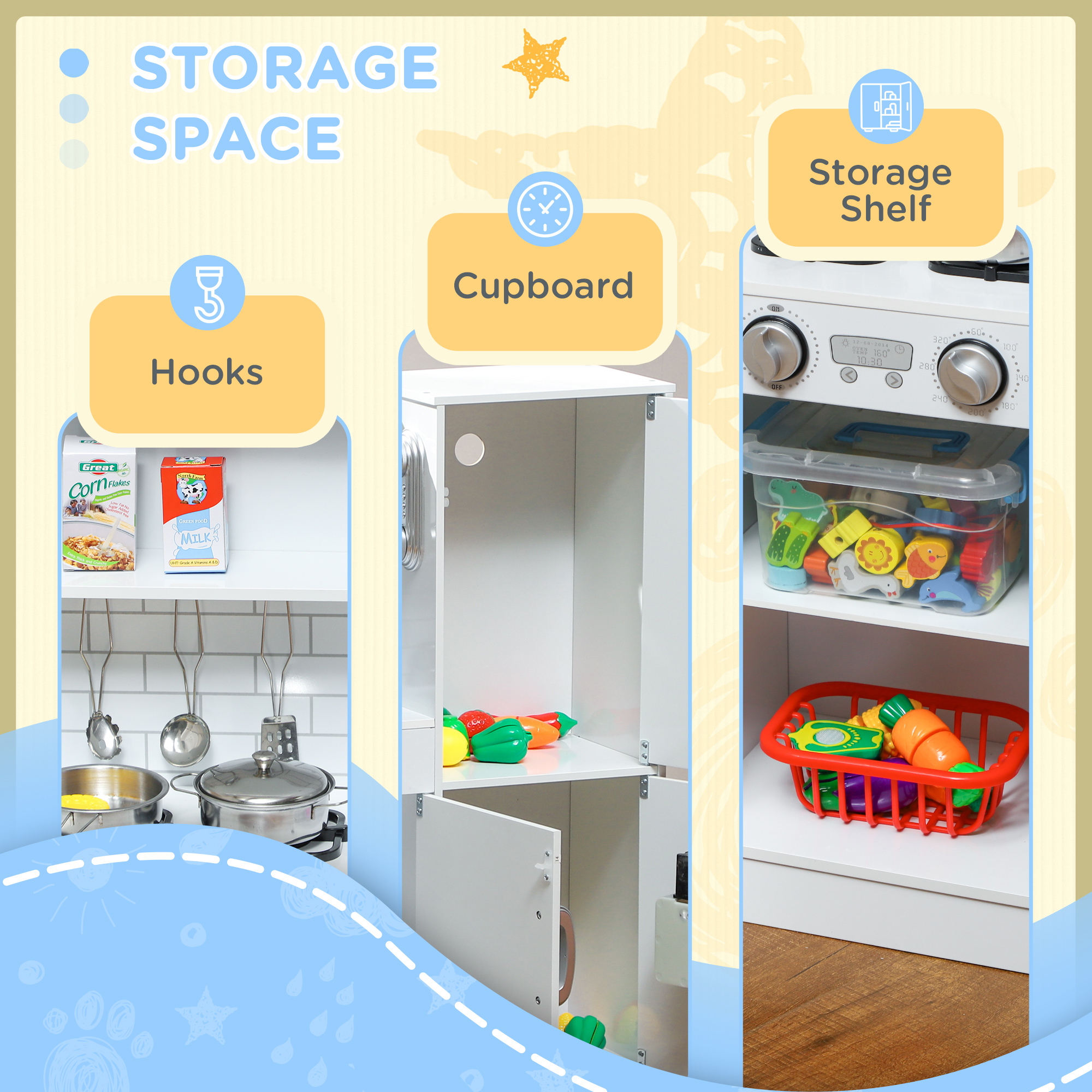 AIYAPLAY Pretend Play Kitchen, Kids Kitchen Playset, with Toy Phone, Chalkboard, Microwave, Cooking Stove, Sink, White 8