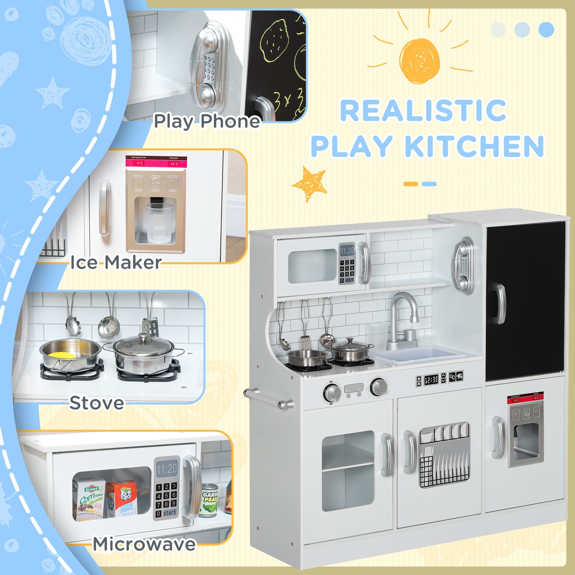 AIYAPLAY Pretend Play Kitchen, Kids Kitchen Playset, with Toy Phone, Chalkboard, Microwave, Cooking Stove, Sink, White 5