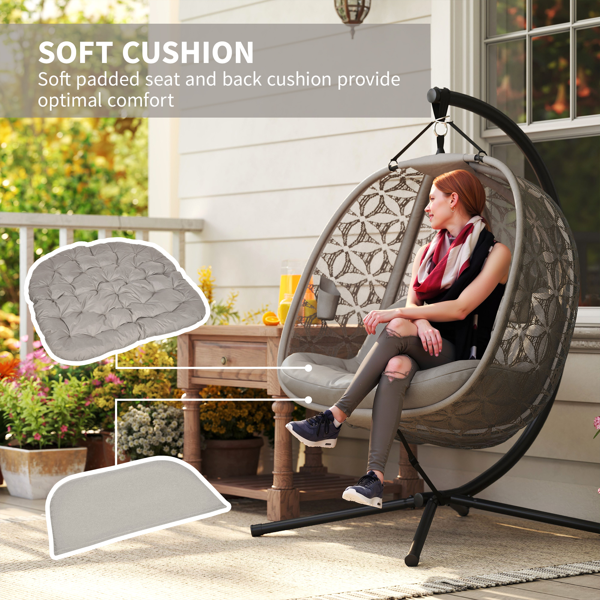 Outsunny Outdoor Double Hanging Chair with Cushion and Cup Holders, Sand Brown 6