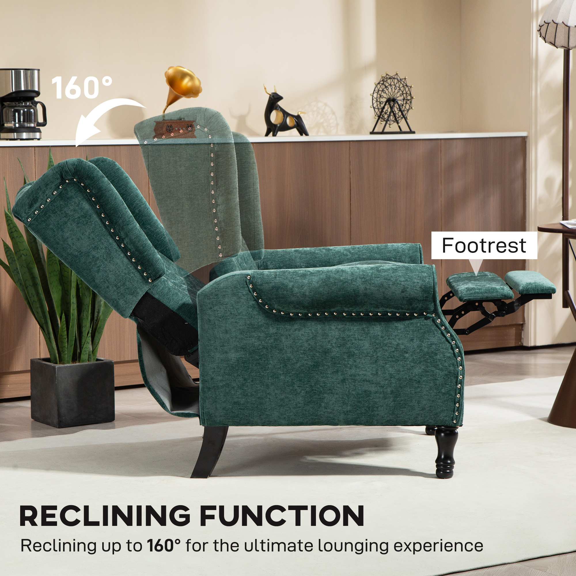 HOMCOM 150° Reclining Vintage Armchair, with footrest Dark Green 4