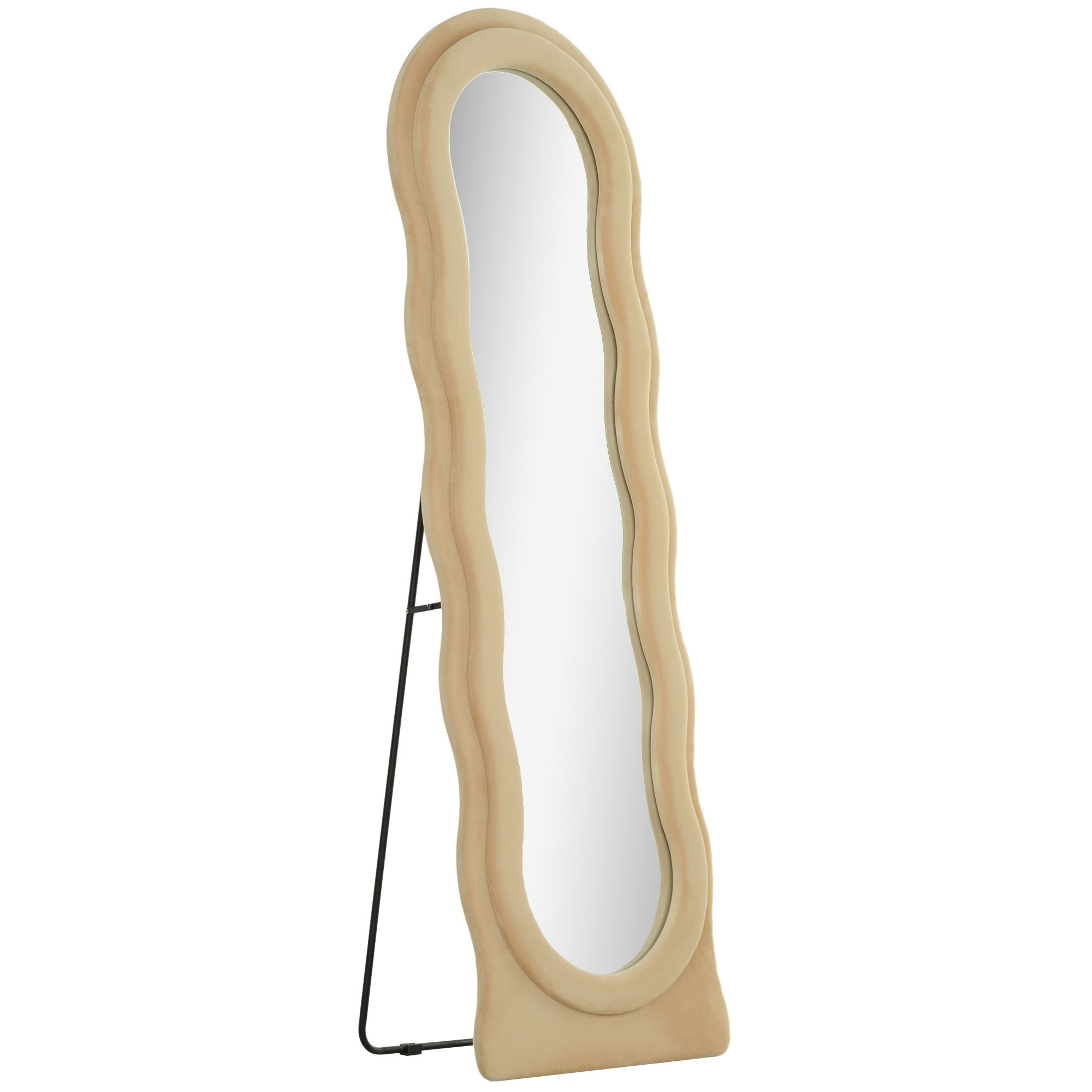 HOMCOM Espejo de Cuerpo Entero 160x50 cm Diseño Ondulado Marco con Tela de Terciopelo para Salón Dormitorio Beige