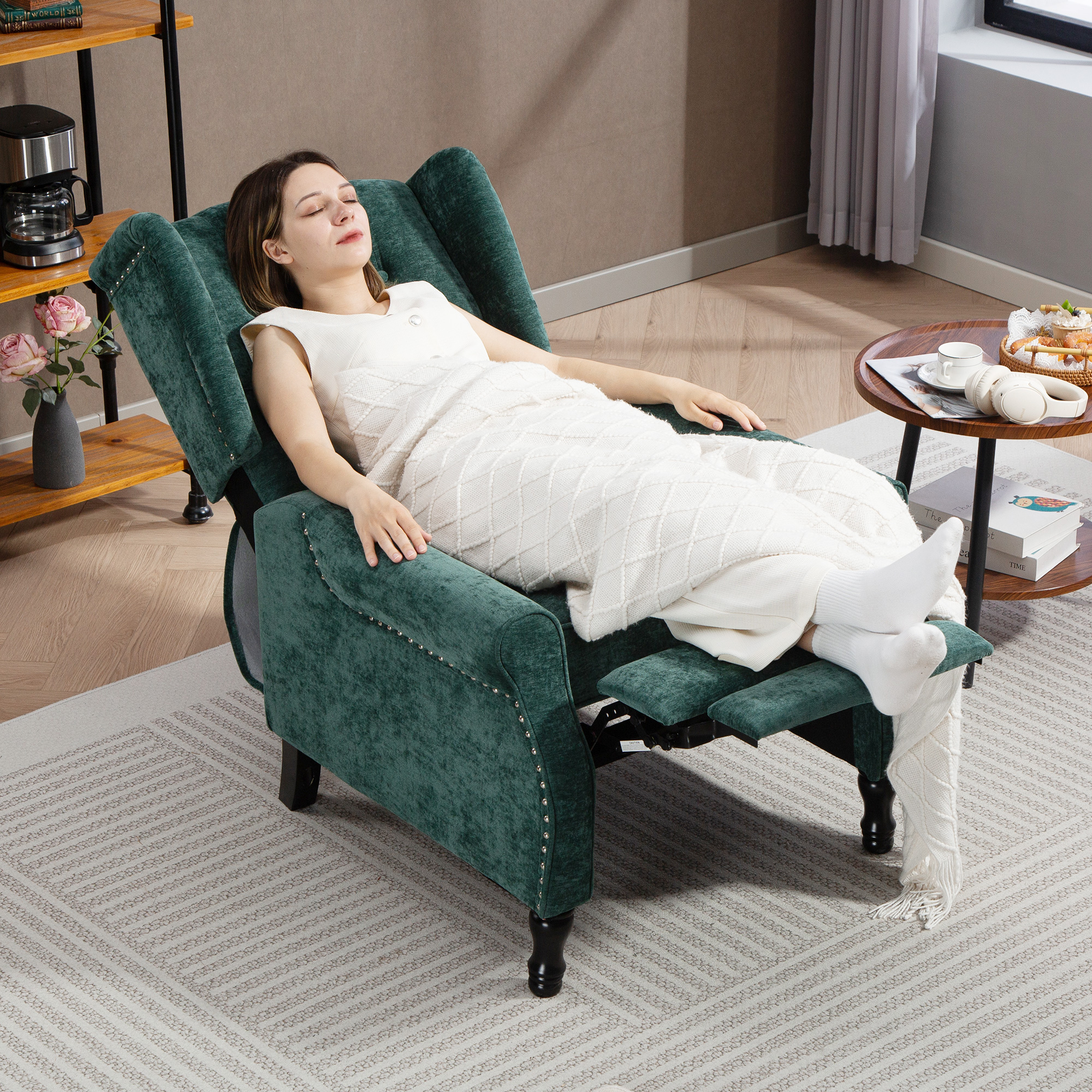HOMCOM 150° Reclining Vintage Armchair, with footrest Dark Green 8