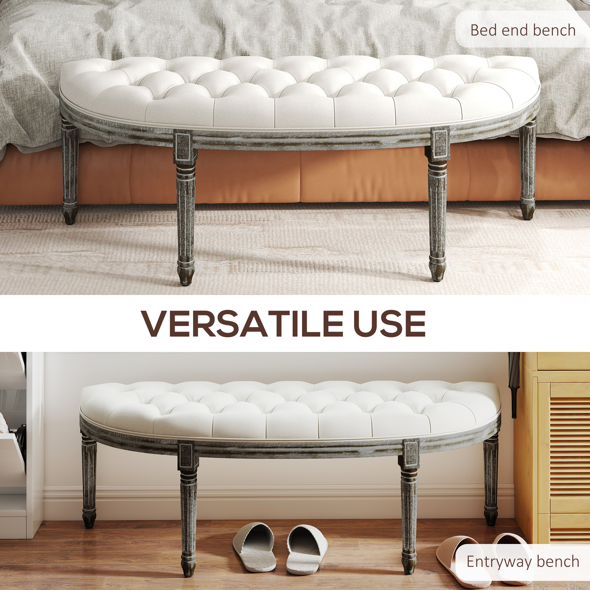 HOMCOM Half-Circle End Bench Ottoman Footstool Tufting Padded Seat Brushed Wood Base Antique Accents Home Seat Furniture Cream White and Light Wood Grain Leg 5
