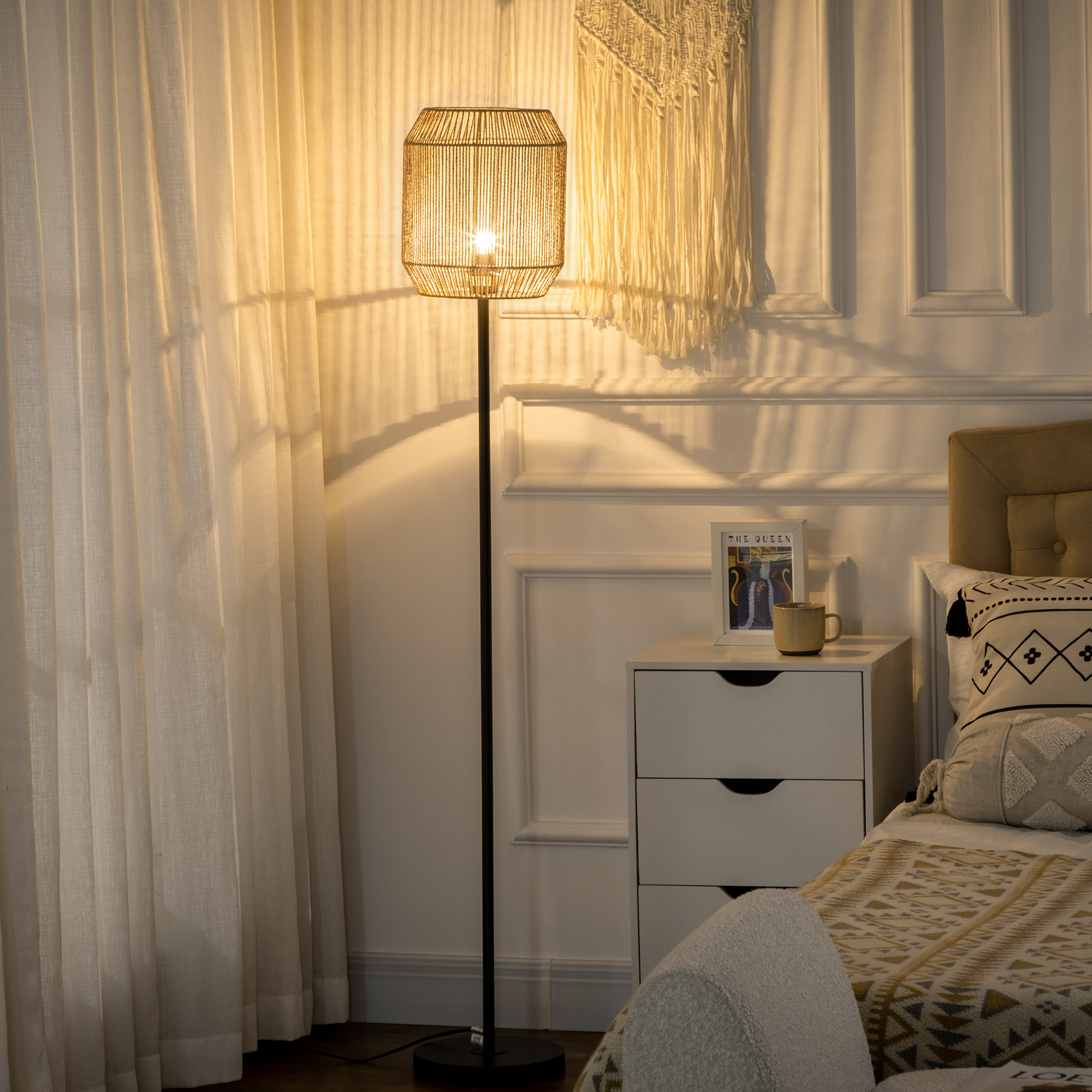 HOMCOM Farmhouse Standing Lamp, Floor Lamps with Hand Woven Rattan Lampshade for Living Room 7