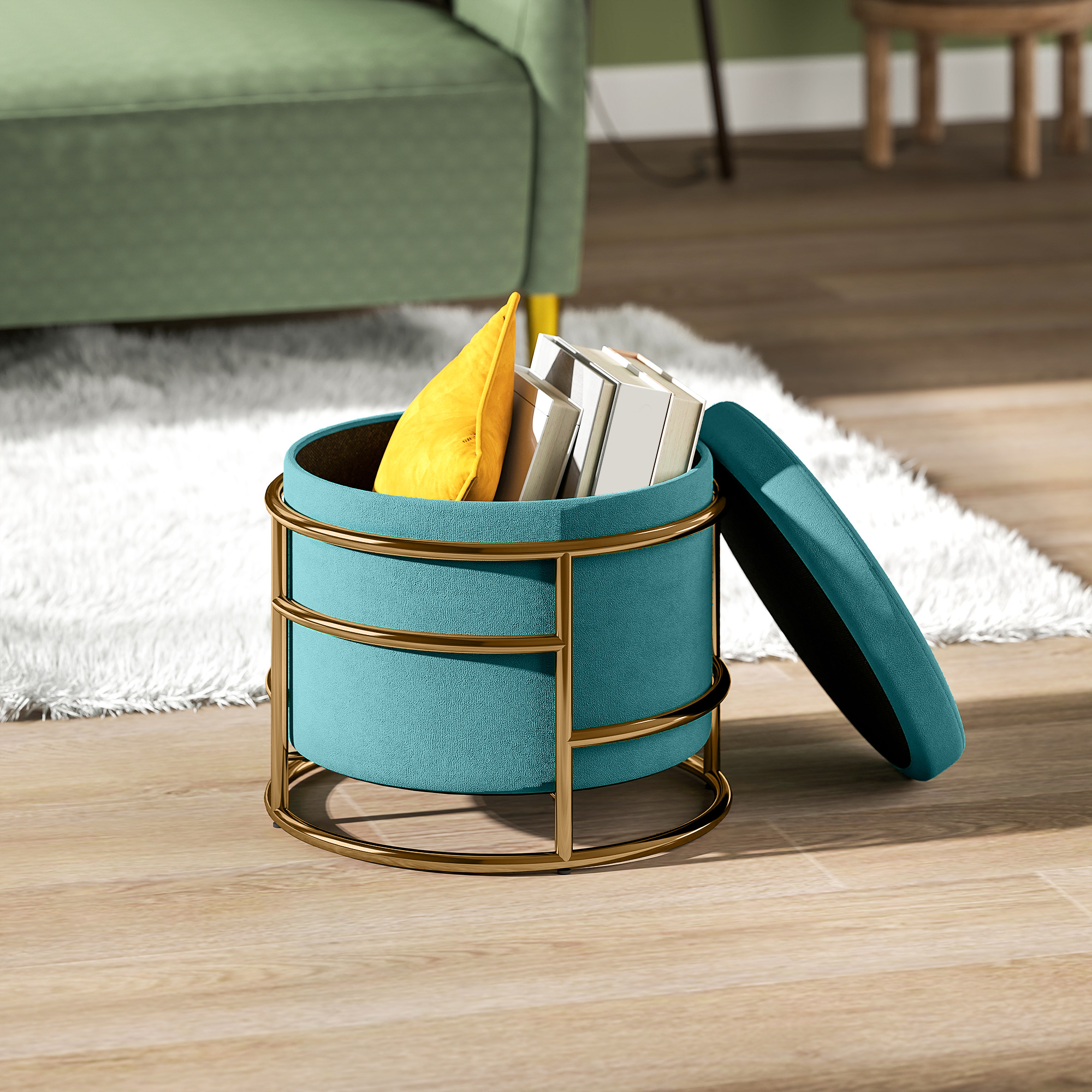 Pouf  Rotund in Catifea cu Compartiment de 24L si Capac Detasabil, Ø42x39 cm, Verde [8]