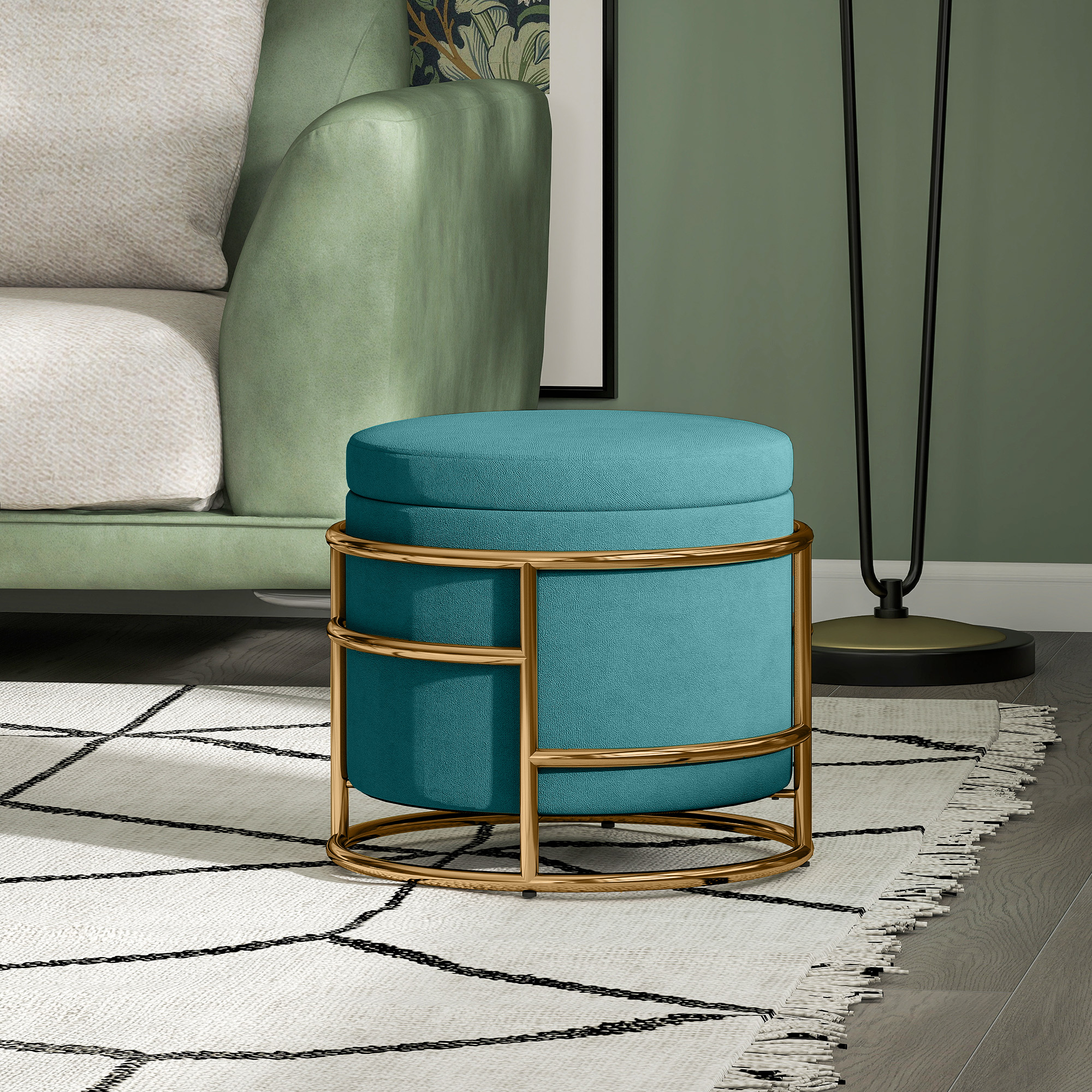 Pouf  Rotund in Catifea cu Compartiment de 24L si Capac Detasabil, Ø42x39 cm, Verde [1]