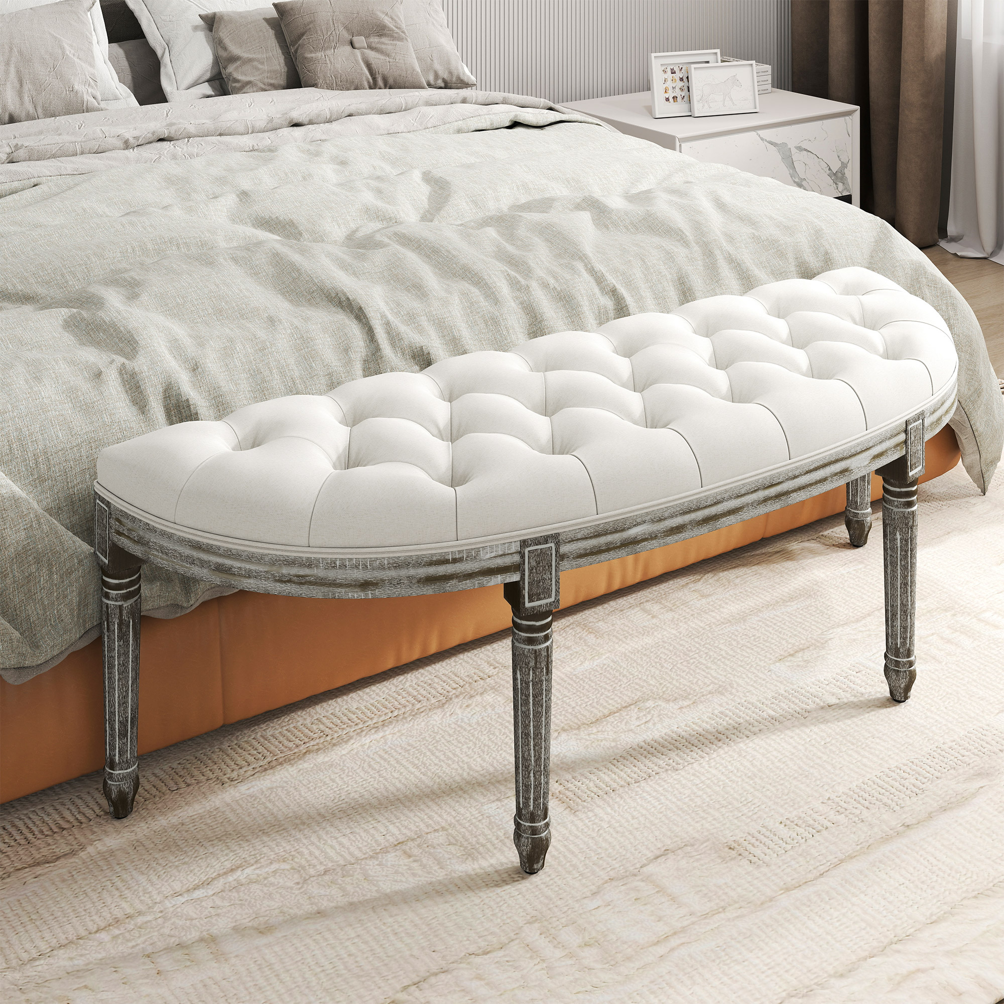 HOMCOM Half-Circle End Bench Ottoman Footstool Tufting Padded Seat Brushed Wood Base Antique Accents Home Seat Furniture Cream White and Light Wood Grain Leg 2