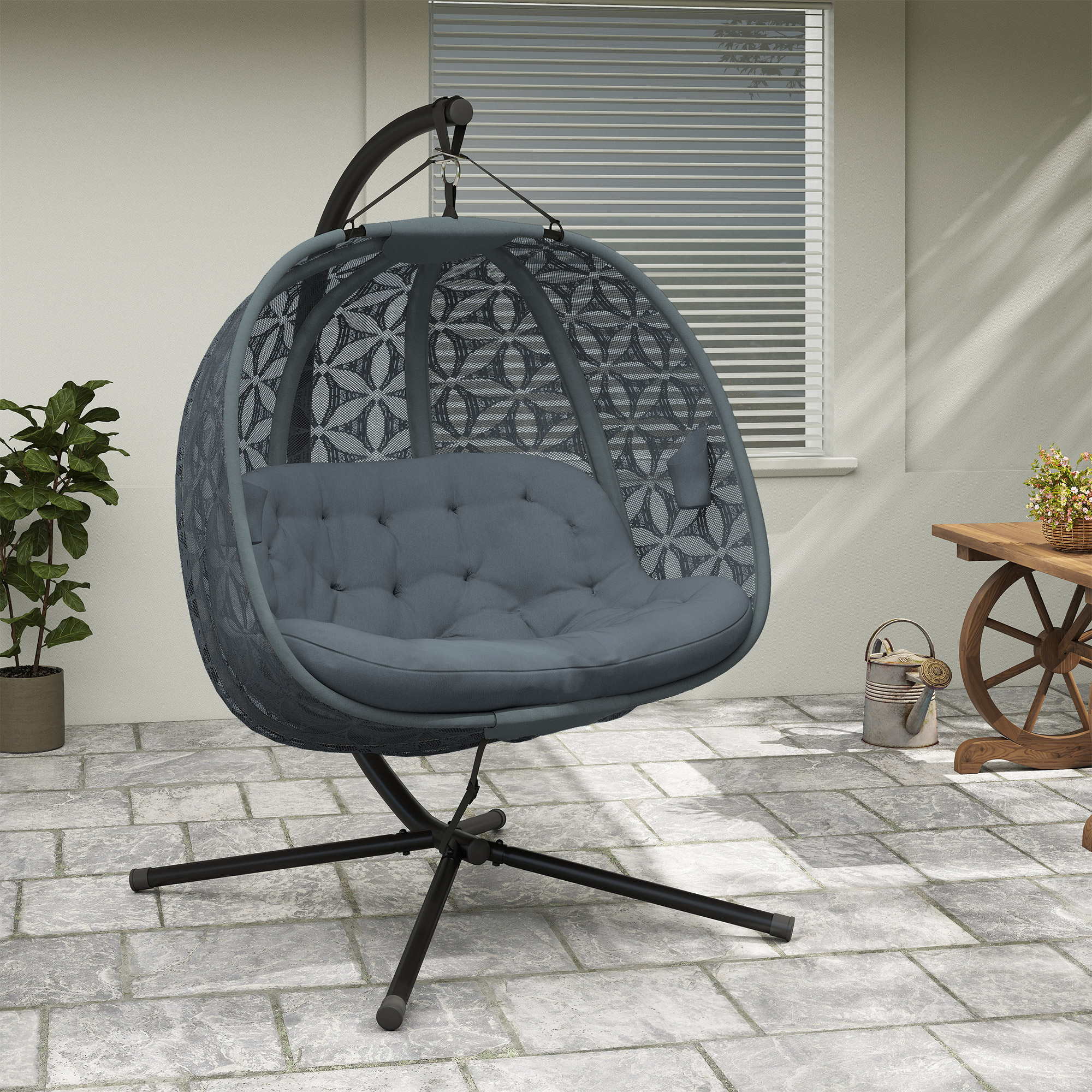 Outsunny Outdoor Double Hanging Chair with Cushion and Cup Holders, Charcoal Grey 9