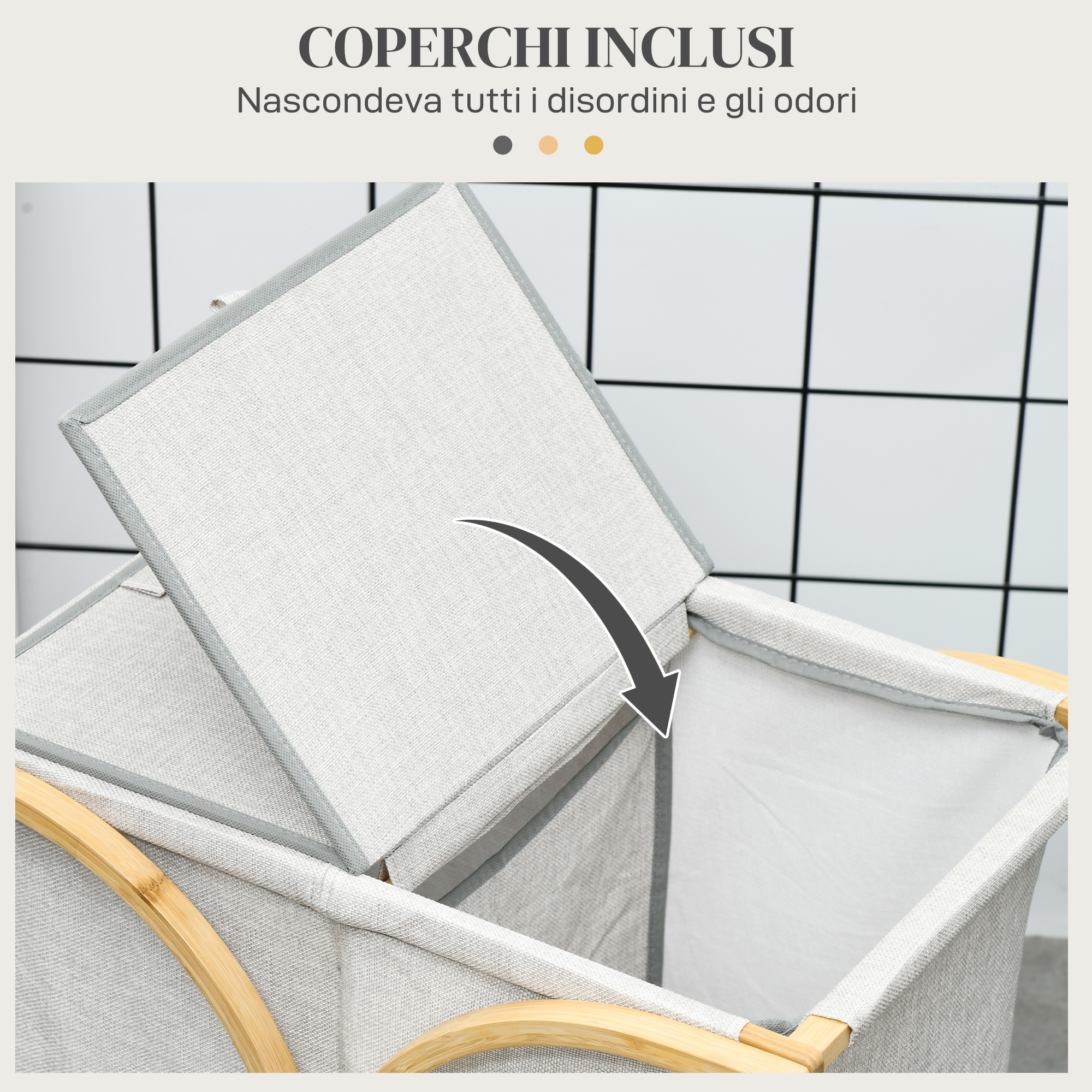 HOMCOM Porta Biancheria A 2 Cesti Con Coperchio In Bambù E Poliestere – 55x40x62 Cm, Grigio E Legno