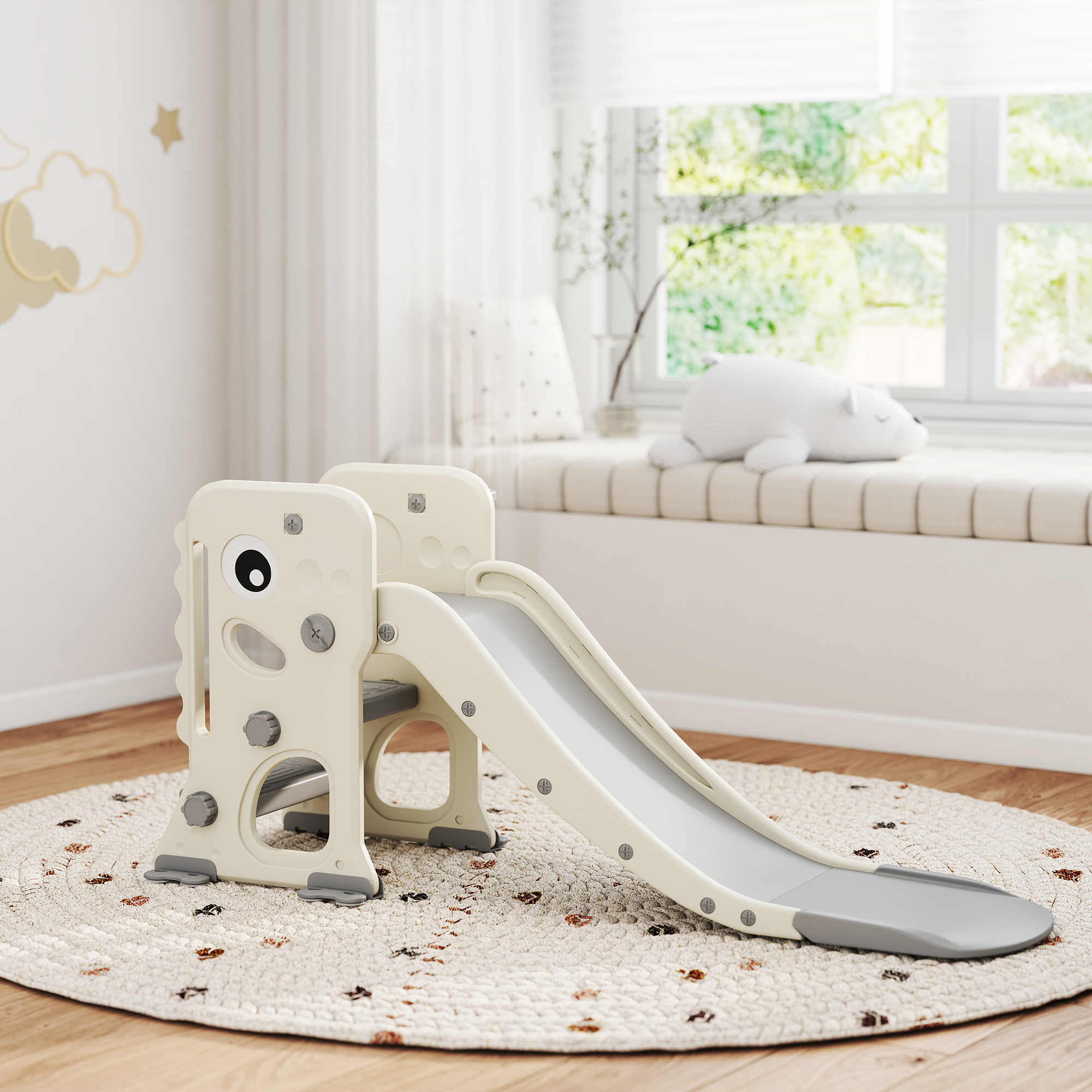 AIYAPLAY 3 in 1 Kids Slide with Climber, Basketball Hoop and Ball, Foldable Indoor Toddler Slide for Ages 2-5, Cream White