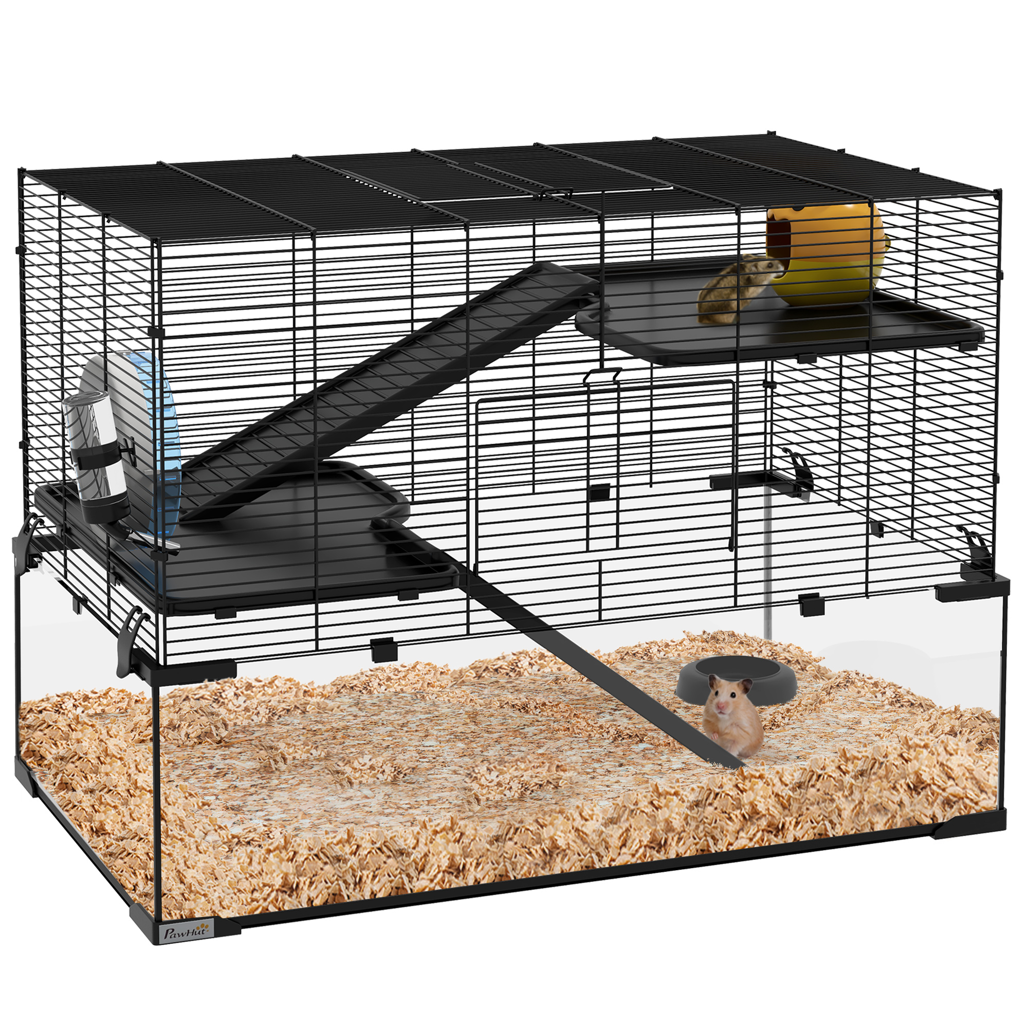 PawHut 3 Tiers Hamster Cage, Gerbil Cage with Deep Glass Bottom, Non-Slip Ramps, Platforms, Hut, Exercise Wheels, Water Bottle, Dish, for Syrian Hamster, Dwarf Hamster, 60 x 40 x 54.5cm