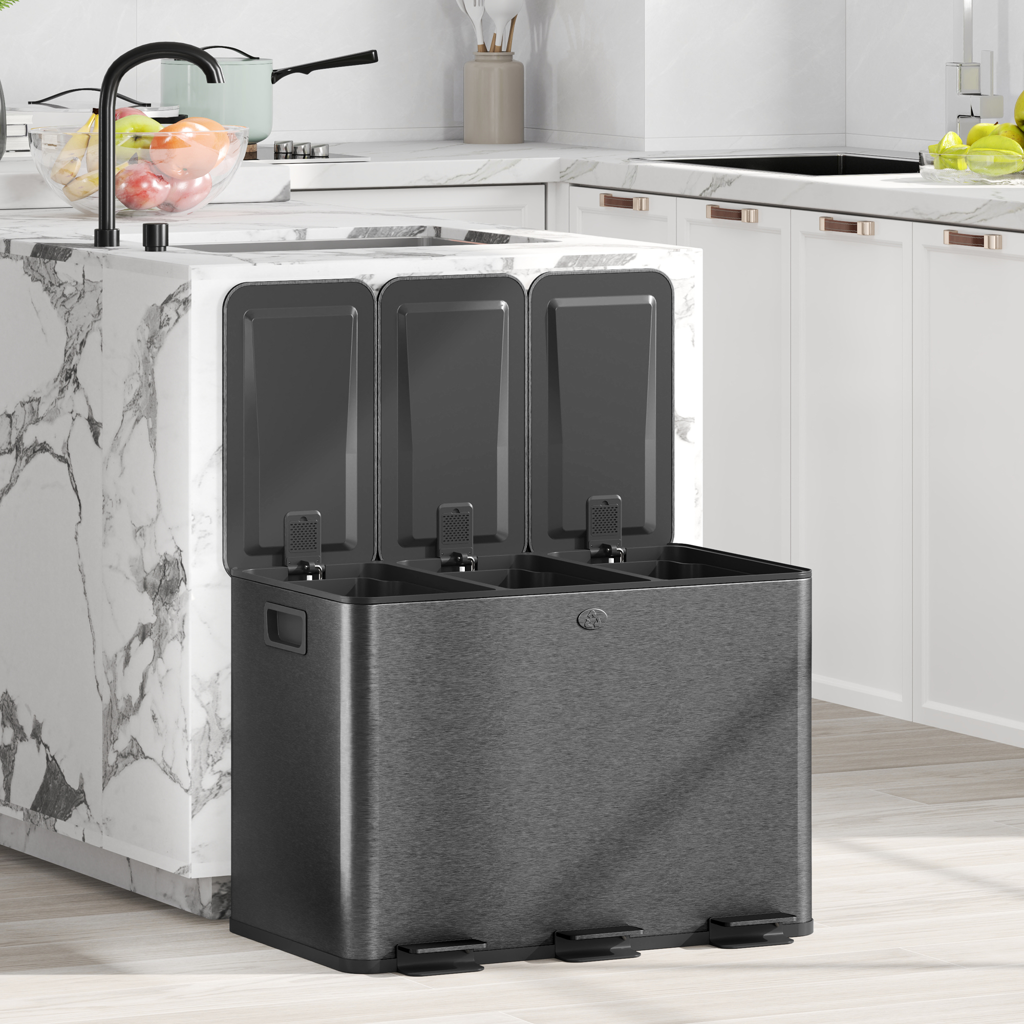 HOMCOM 3 x 20L Pedal Bin, Steel Triple Kitchen Bin with Soft Close Lid, Removable Inner Buckets, Fingerprint-Proof, Black 9