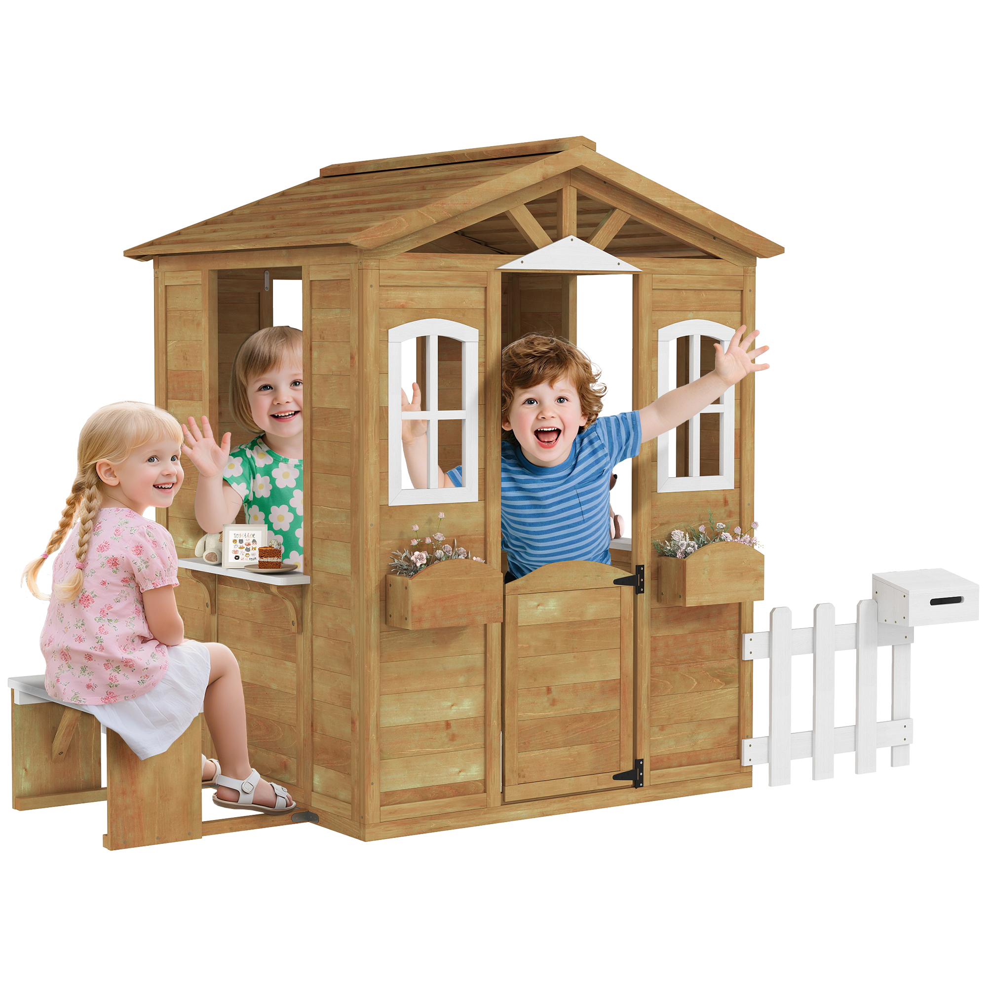 Outsunny Casetta per Bambini in Legno con Finestre, Staccionata e Panca, 205x119x140 cm, Legno Naturale
