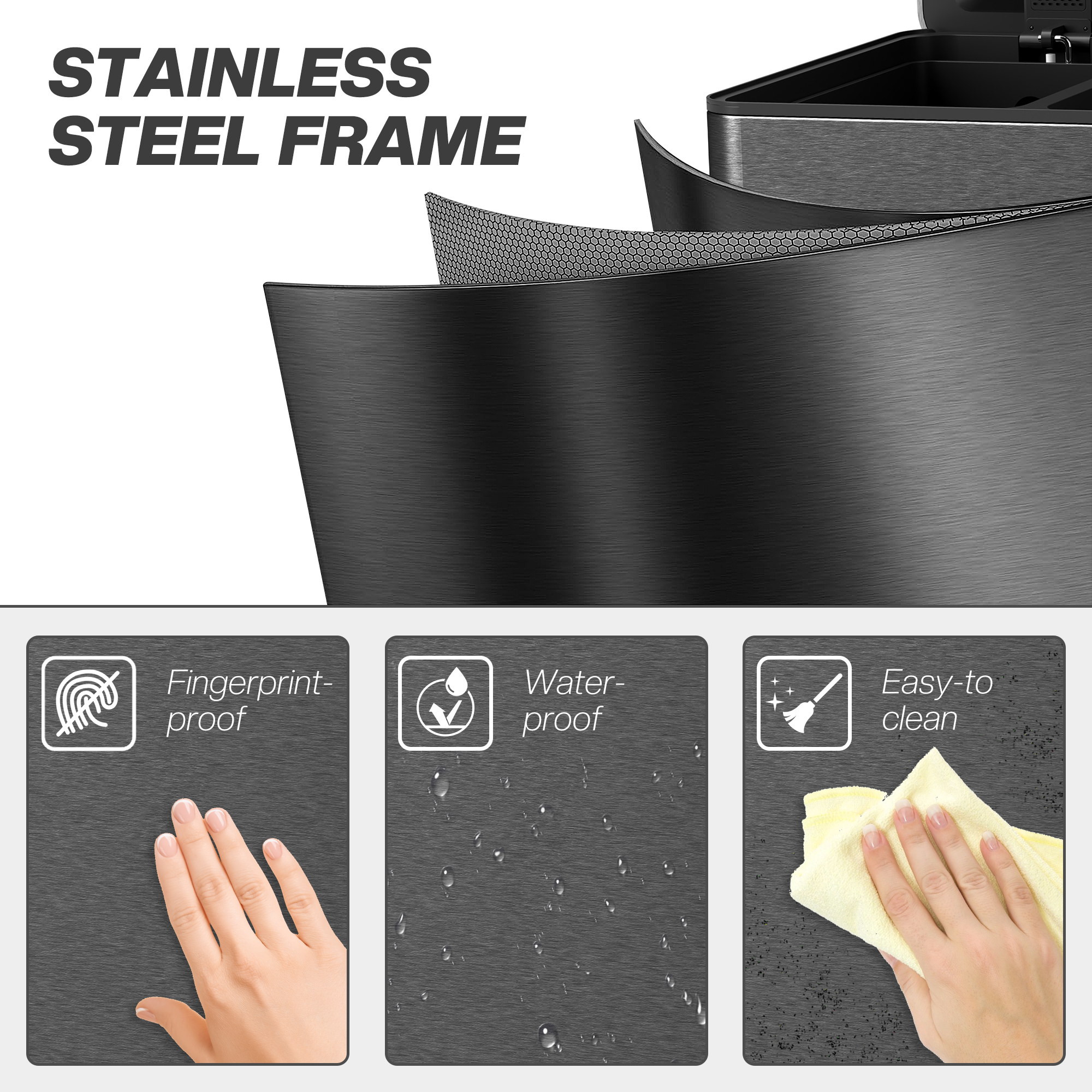 HOMCOM 3 x 20L Pedal Bin, Steel Triple Kitchen Bin with Soft Close Lid, Removable Inner Buckets, Fingerprint-Proof, Black 8