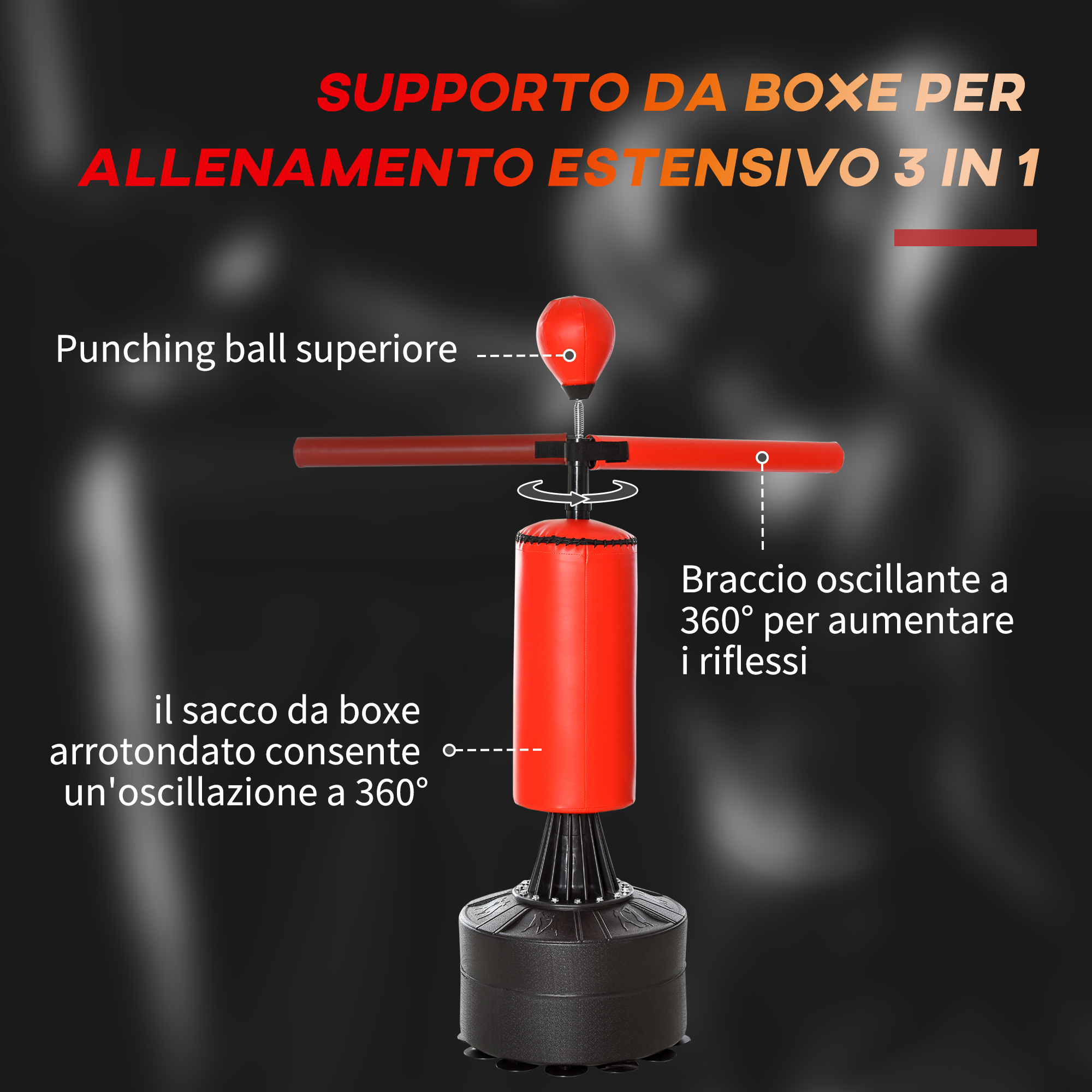 HOMCOM Sacco Da Boxe Regolabile Con Punching Ball, Base Riempibile E Asta Girevole – Rosso/nero, Altezza 155-205 Cm