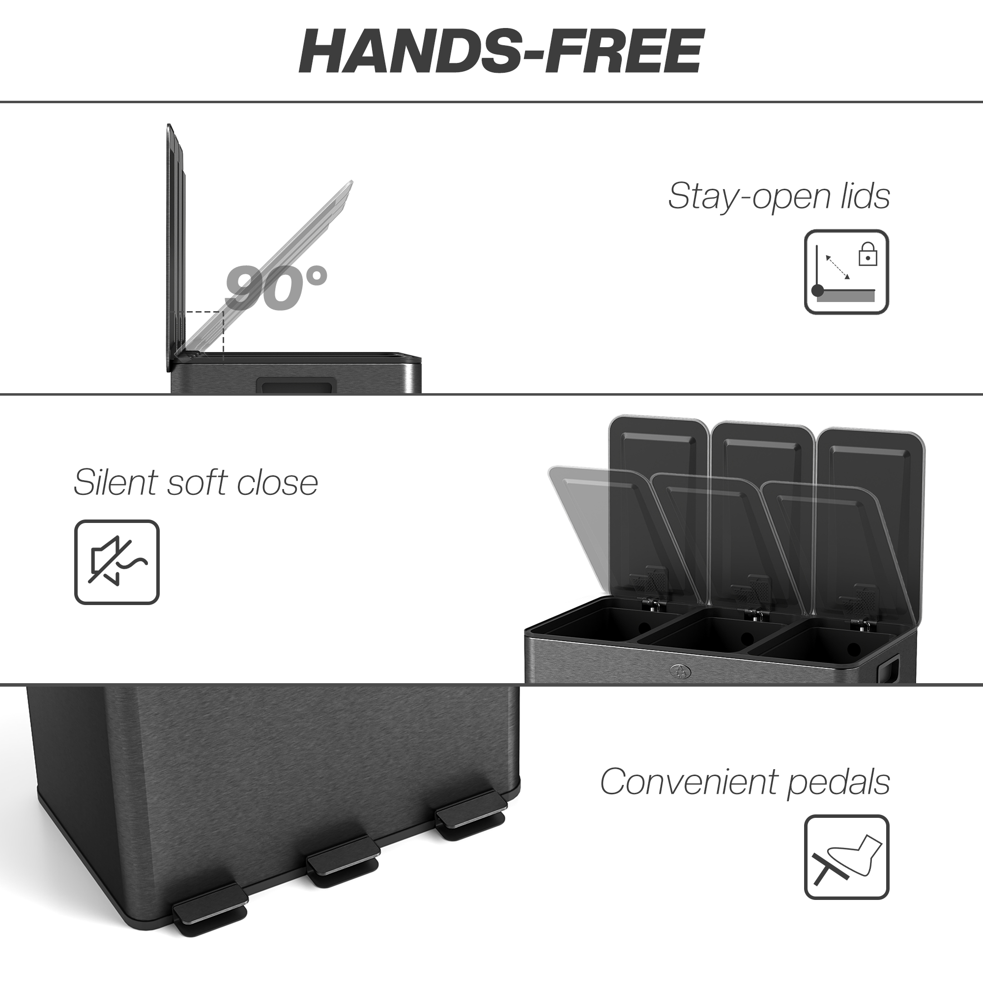 HOMCOM 3 x 20L Pedal Bin, Steel Triple Kitchen Bin with Soft Close Lid, Removable Inner Buckets, Fingerprint-Proof, Black 6