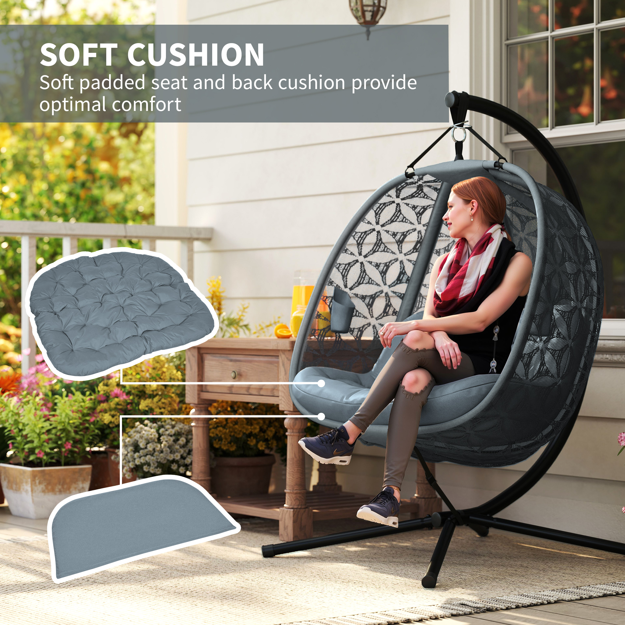 Outsunny Outdoor Double Hanging Chair with Cushion and Cup Holders, Charcoal Grey 6