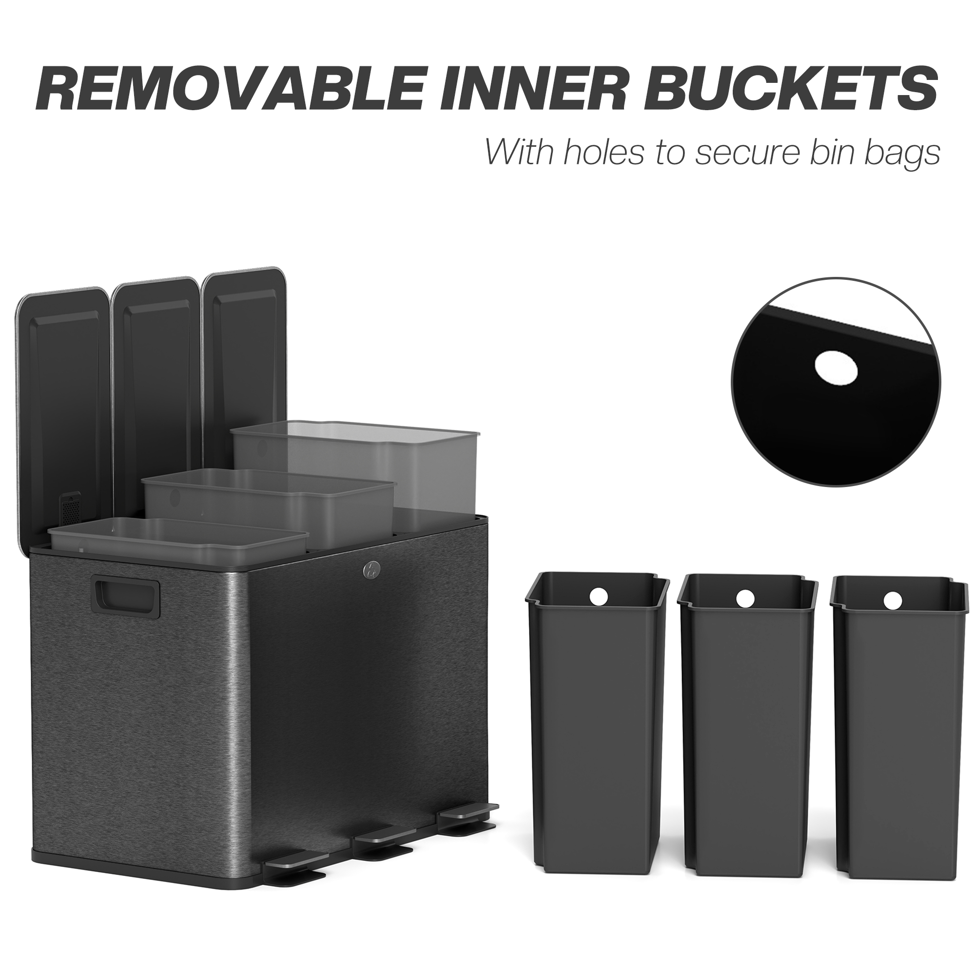 HOMCOM 3 x 20L Pedal Bin, Steel Triple Kitchen Bin with Soft Close Lid, Removable Inner Buckets, Fingerprint-Proof, Black 7