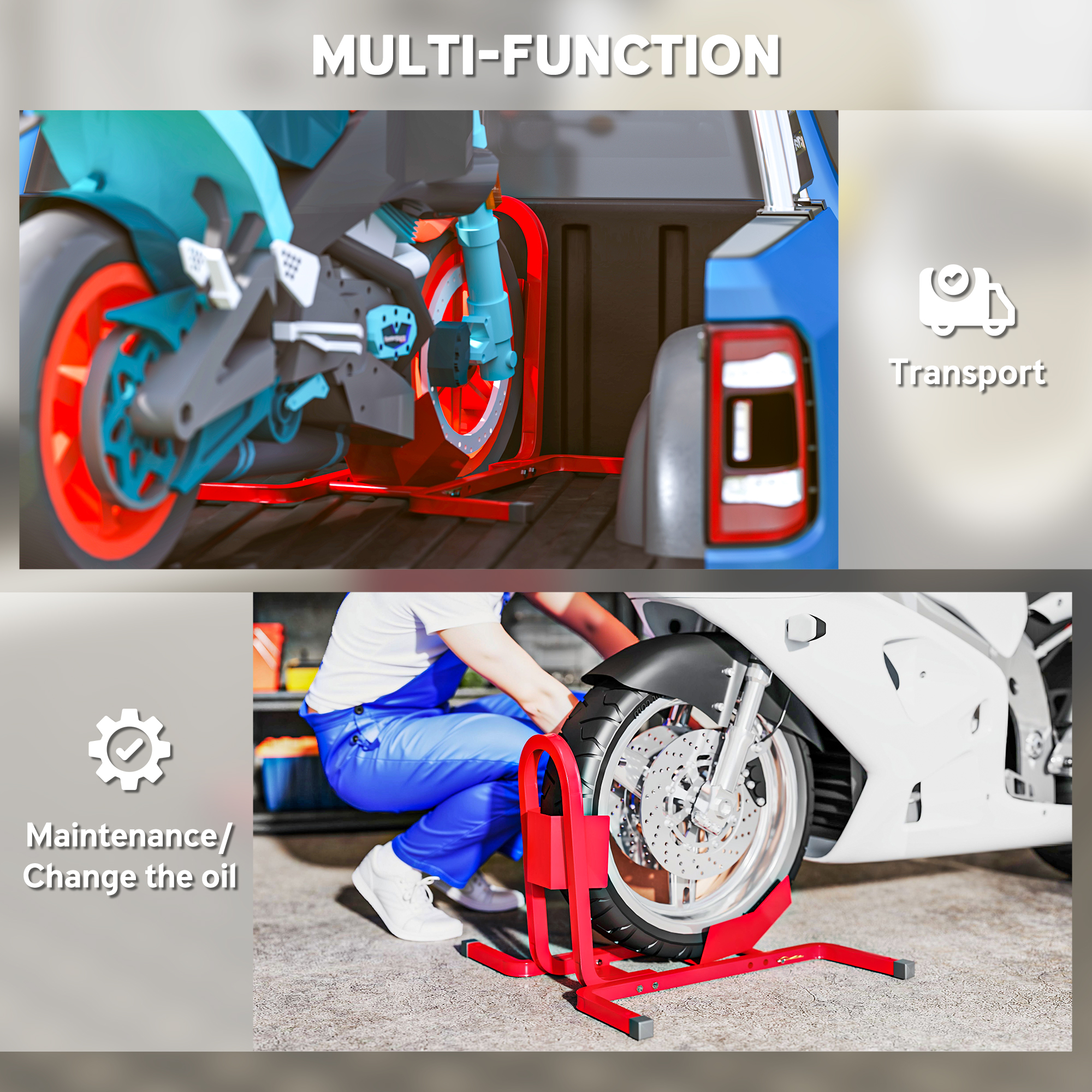 HOMCOM Metal Motorcycle Motorbike Wheel Chock Locking Stand System 17", 19", 21"/43, 48, 51 cm Front Wheels Steel Adjustable Fixing Tyre Holder Support 6