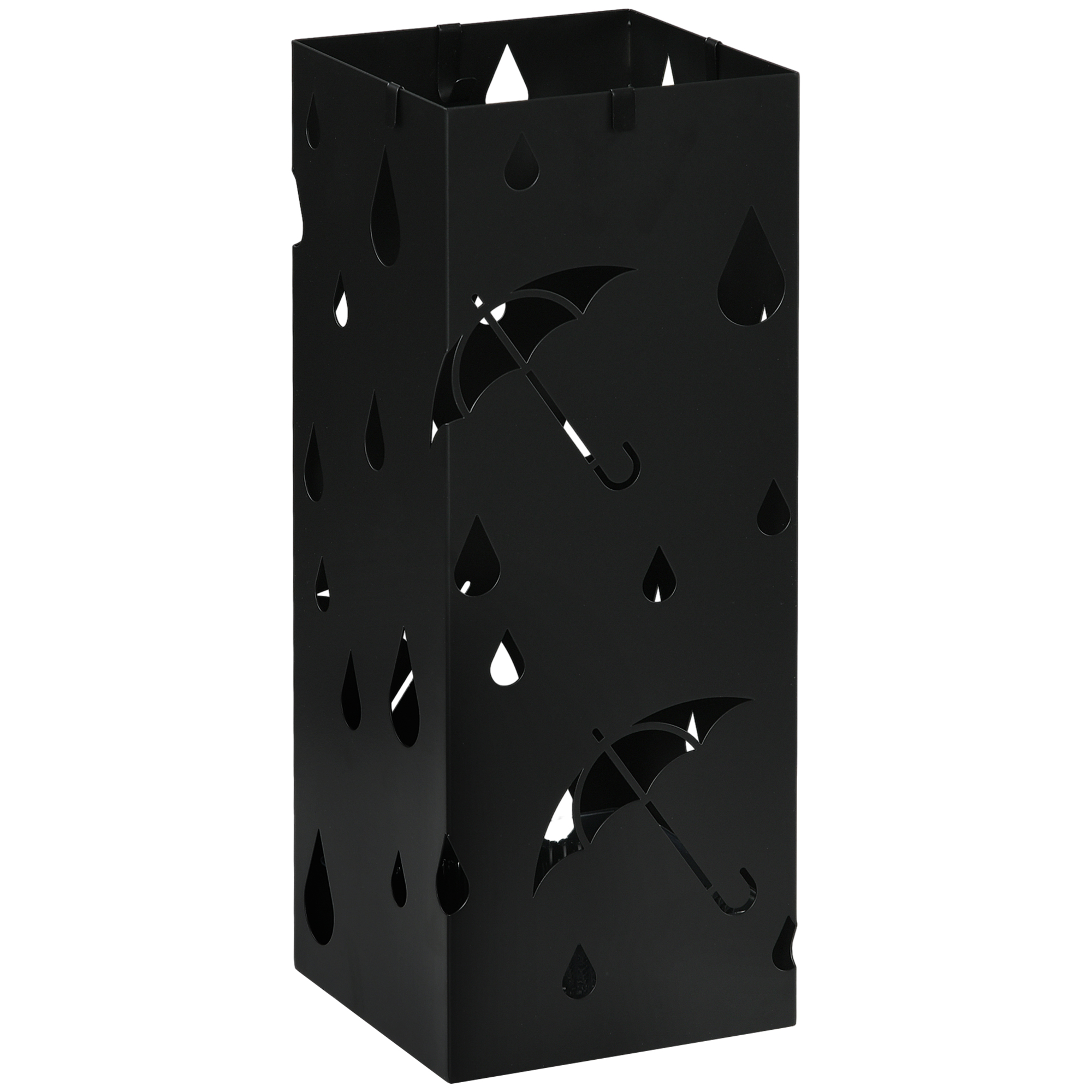 HOMCOM Paragüero Negro Paragüero de Acero con 4 Ganchos y Bandeja de Goteo Extraíble para Pasillo Entrada 15,5x15,5x41 cm