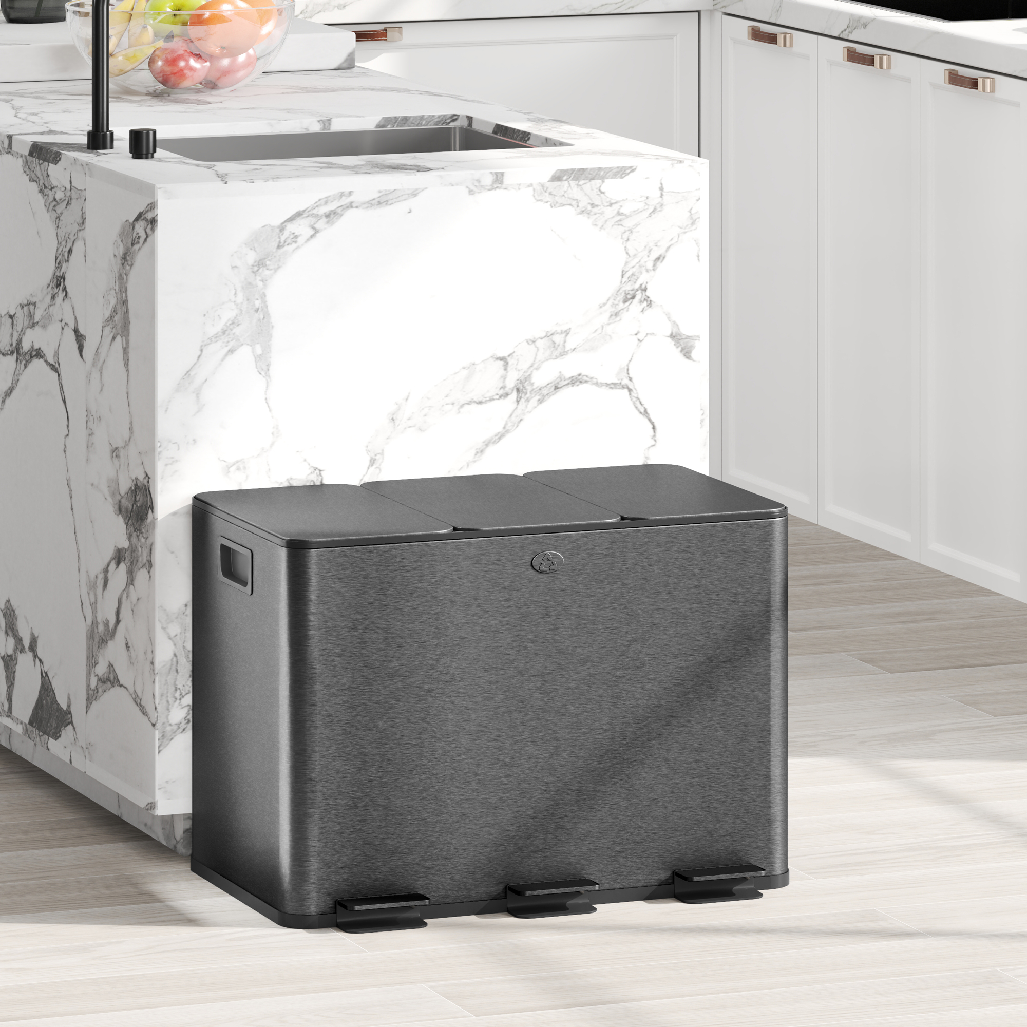 HOMCOM 3 x 20L Pedal Bin, Steel Triple Kitchen Bin with Soft Close Lid, Removable Inner Buckets, Fingerprint-Proof, Black 2