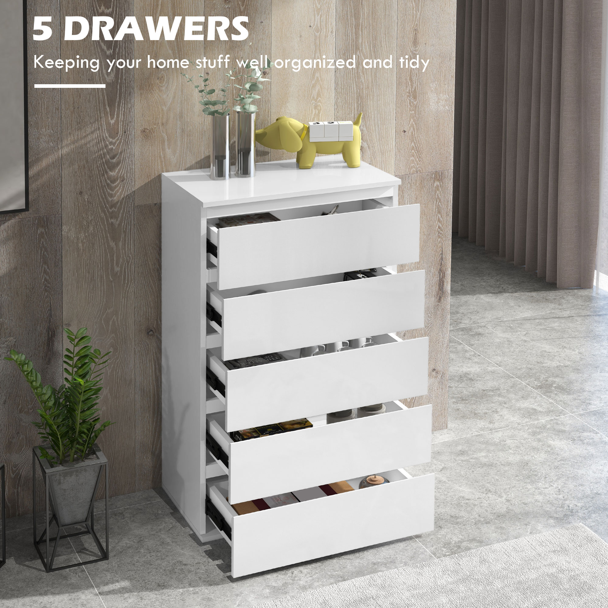 HOMCOM 5-Drawer Modern Dresser, High Gloss Storage Drawer Unit for Bedroom, White 4
