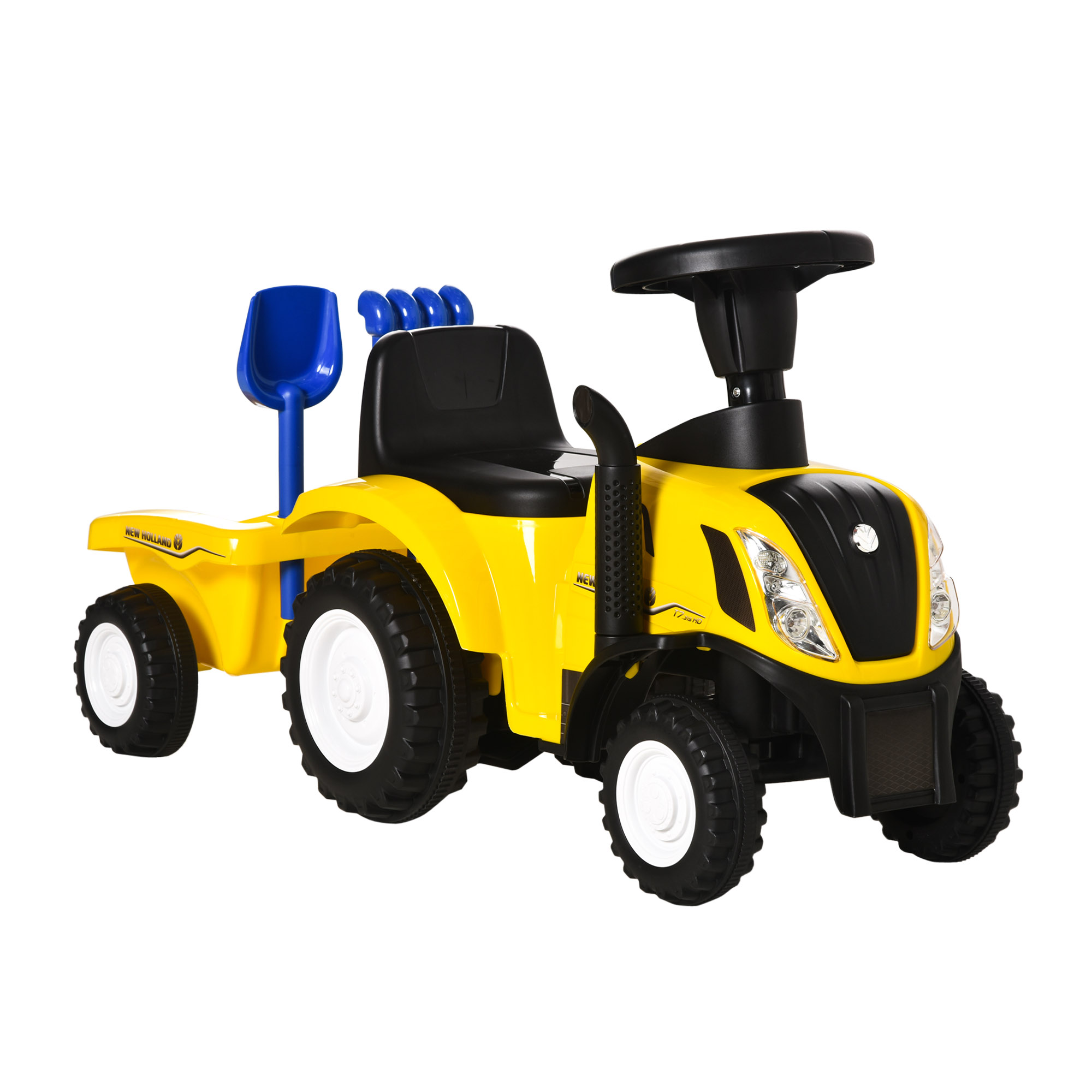 HOMCOM Tractor para Niños de 12-36 Meses con Remolque Extraíble Coche Correpasillos con Bocina Faros Pala 91x29x44 cm Amarillo | Aosom España