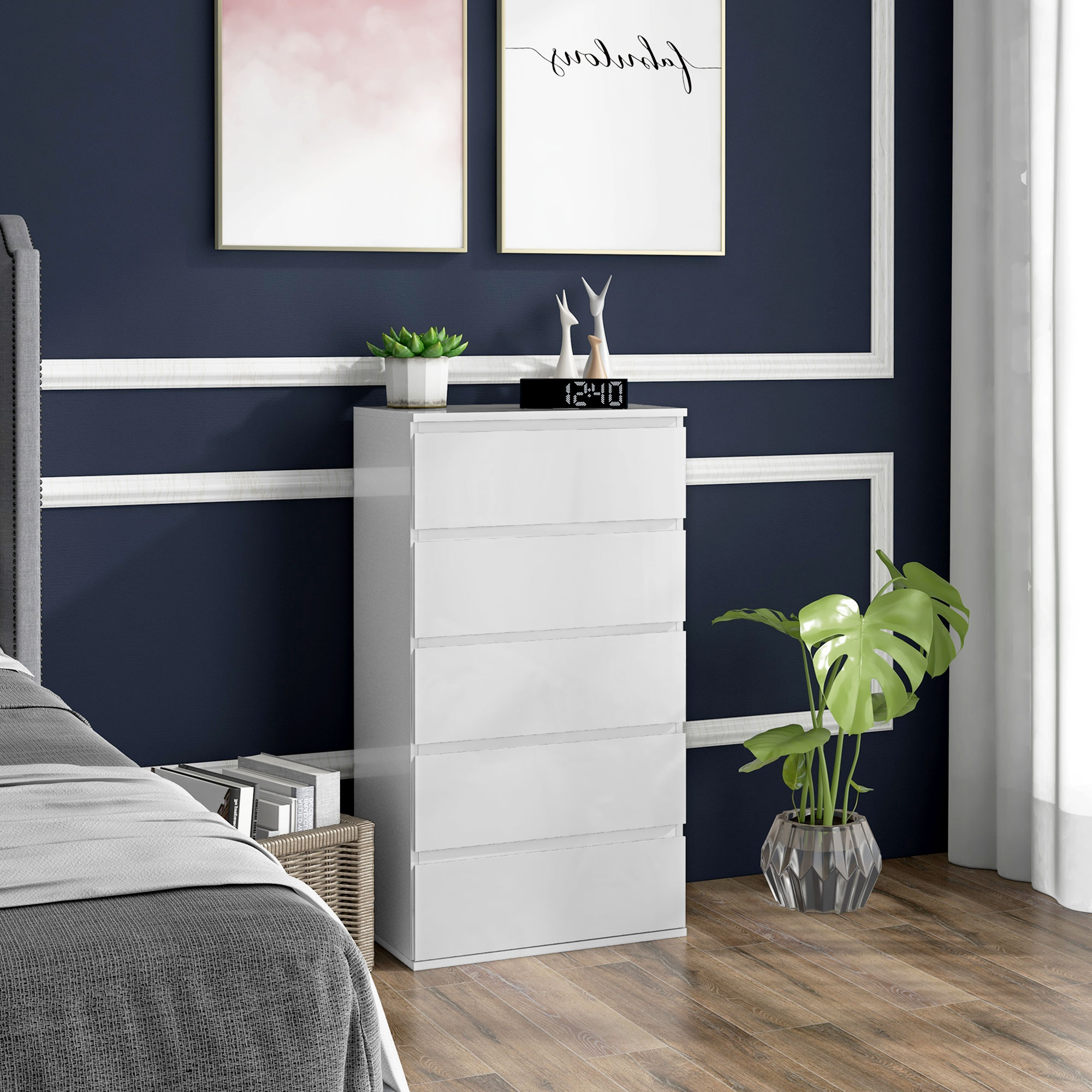 HOMCOM 5-Drawer Modern Dresser, High Gloss Storage Drawer Unit for Bedroom, White 2