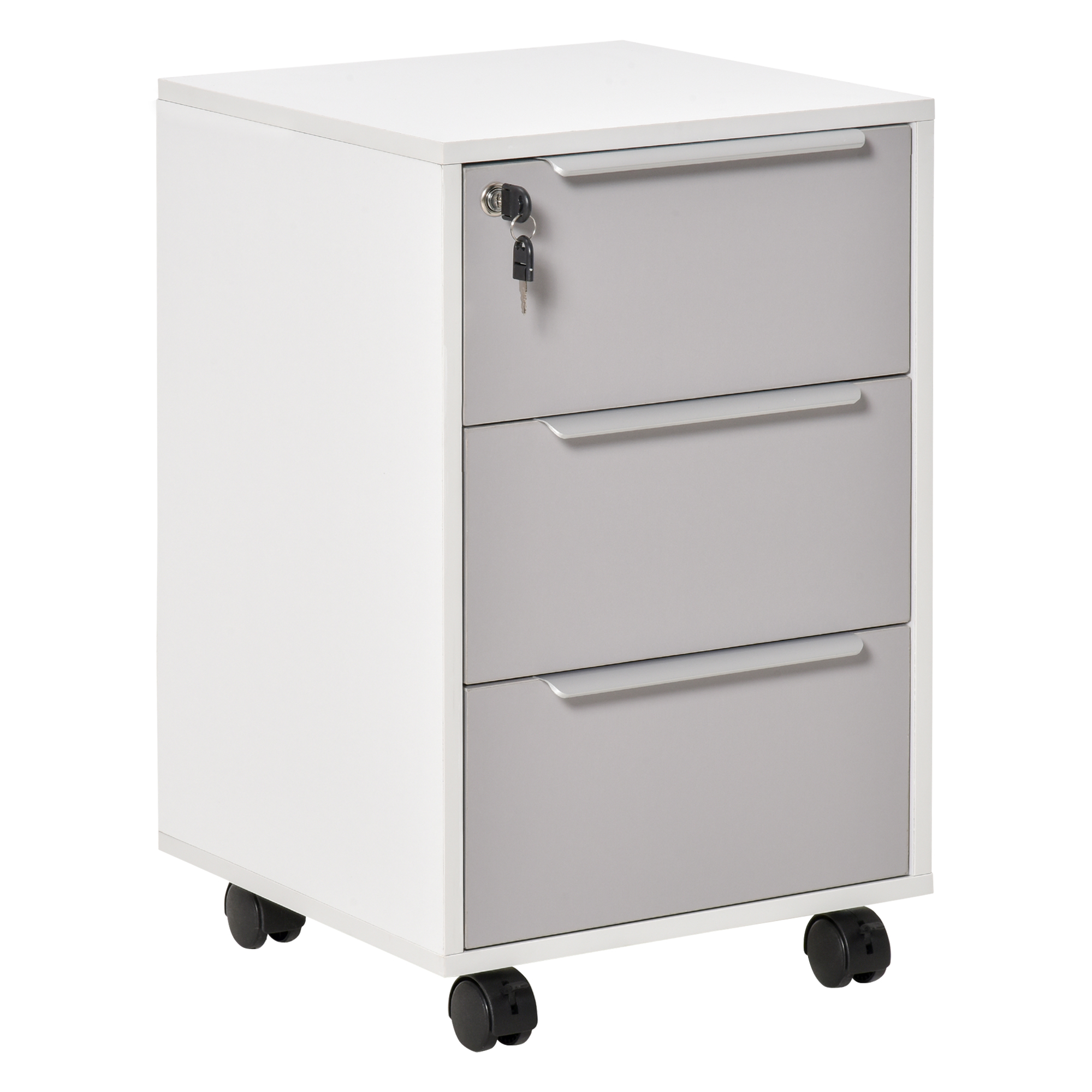 HOMCOM Cajonera Tipo Archivador Móvil de Oficina con 3 Cajones Cerradura Ruedas y Frenos para Documentos 40x40x63,5 cm Blanco y Gris | Aosom España