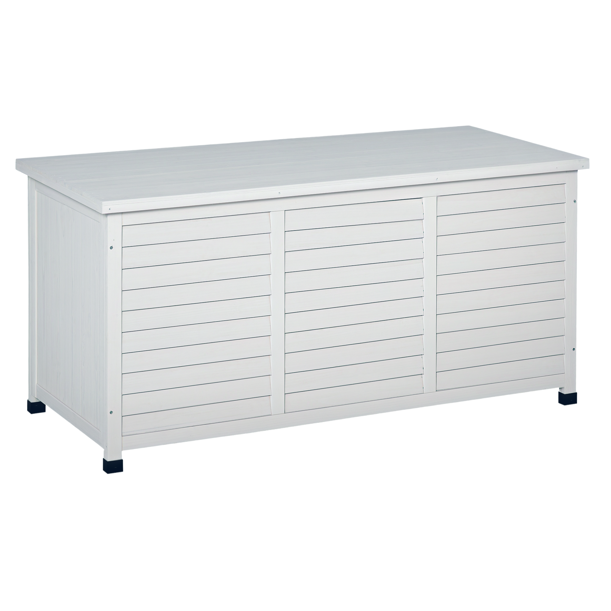 Outsunny Baúl de Almacenamiento Exterior de Madera con Tapa Abatible Diseño de Persiana para Jardín Terraza 127x56x60 cm Blanco | Aosom España