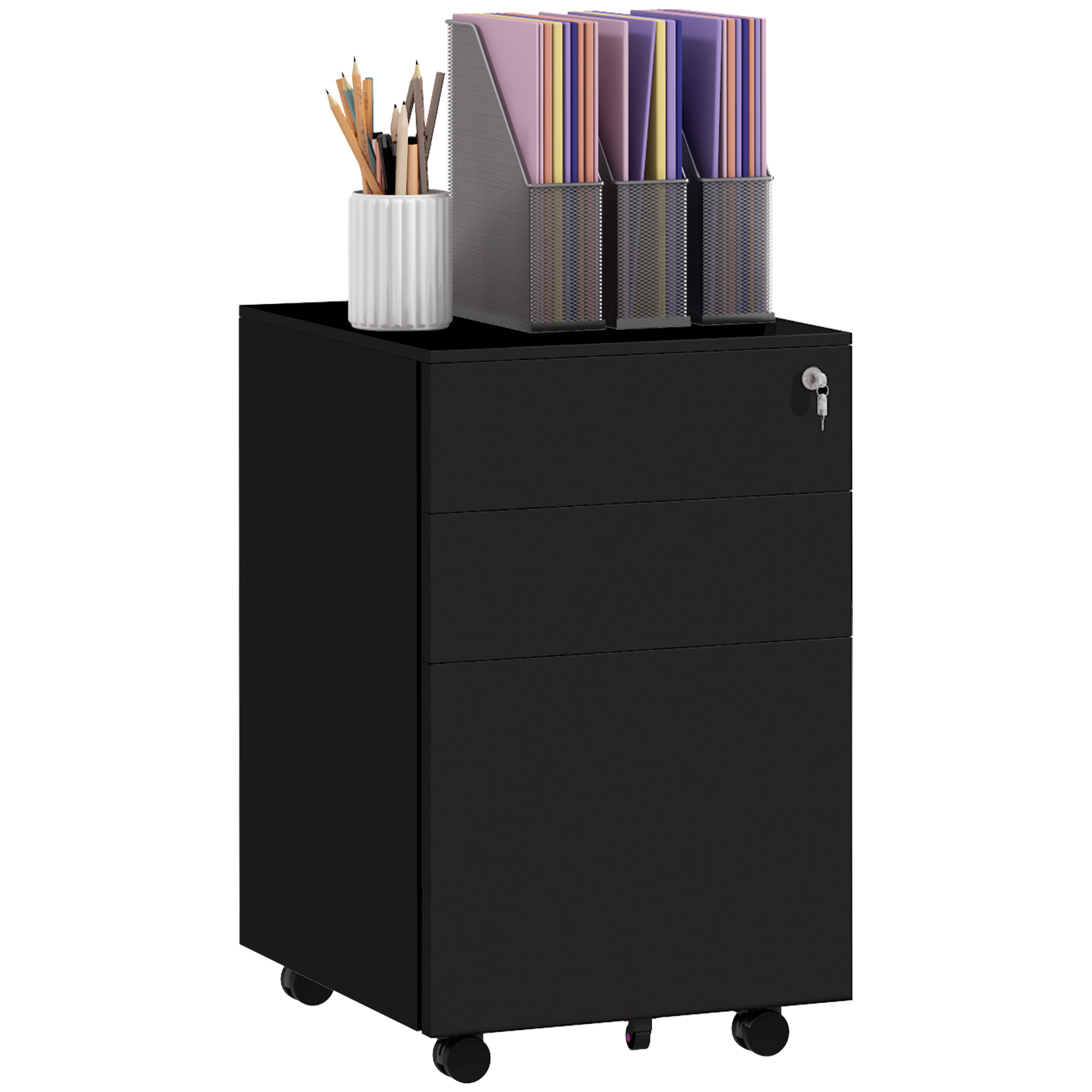 Vinsetto 3-Drawer Vertical Filing Cabinet with Pencil Tray, Lock and 5 Wheels, Steel Mobile File Cabinet, for A4, Legal and Letter Size, Pre-Assembled Body, Black