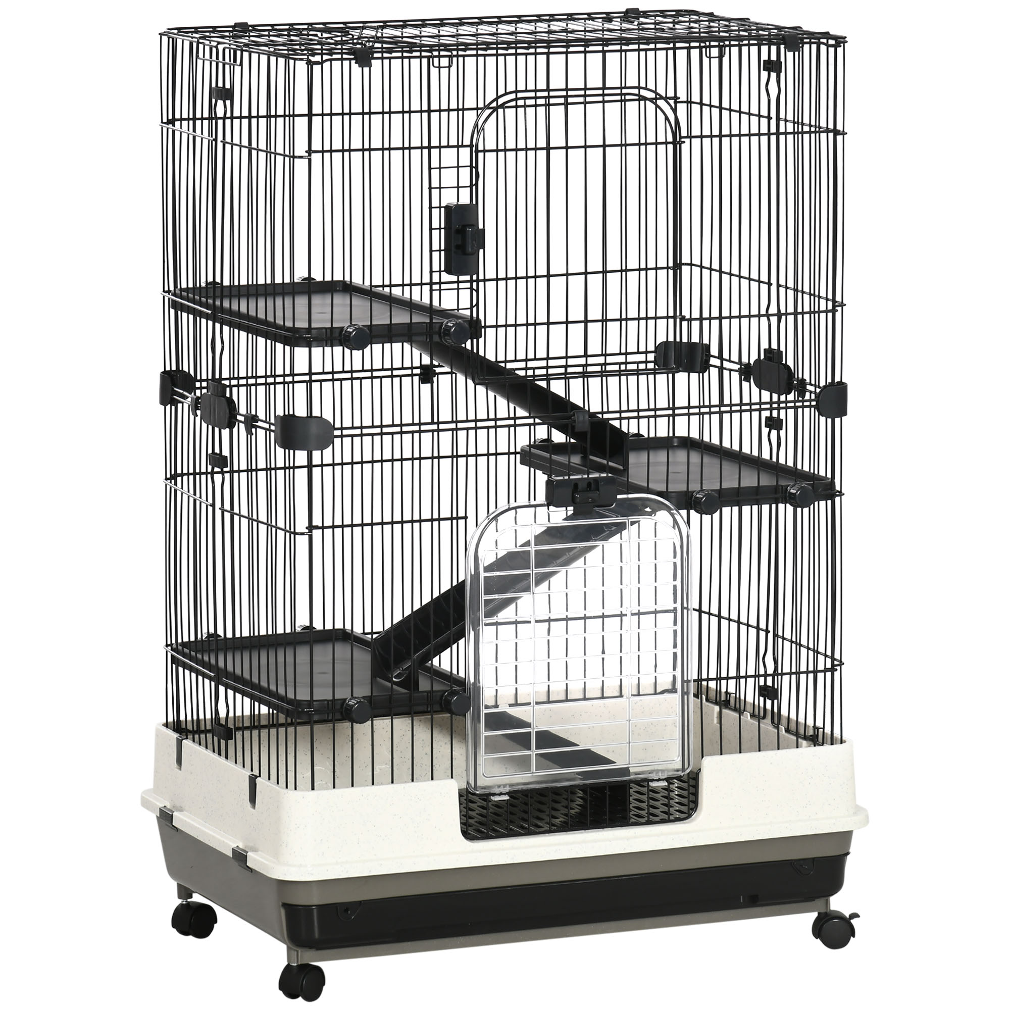 Pawhut Gaiola de 3 Andares em Metal para Roedores Coelhos e Furões com Bandeja e 4 Rodas 81,2x52,7x114 cm Preto