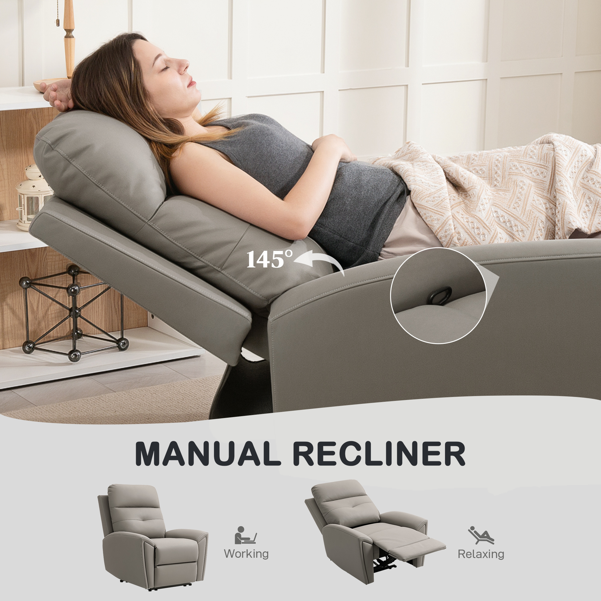 HOMCOM Recliner Armchair, Manual Reclining Chair with Adjustable Leg Rest and Reclining Functions, Modern Microfibre Overstuffed Lounge Seating for Living Room, Bedroom, Grey 4