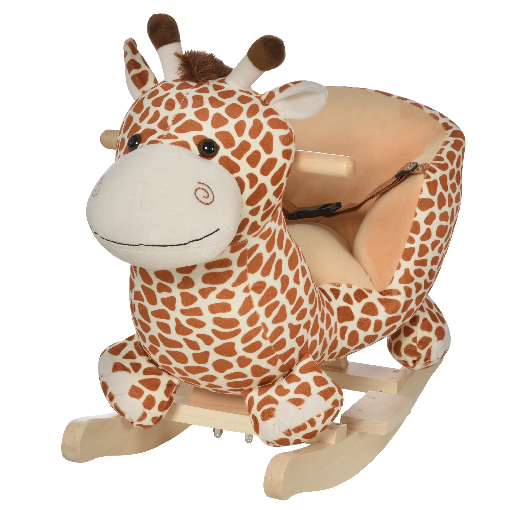 HOMCOM Caballito Balancín Bebé +18 Meses Balancín Peluche Madera con 32 Canciones Cinturón de Seguridad Girafa de Peluche 60x33x45cm | Aosom España
