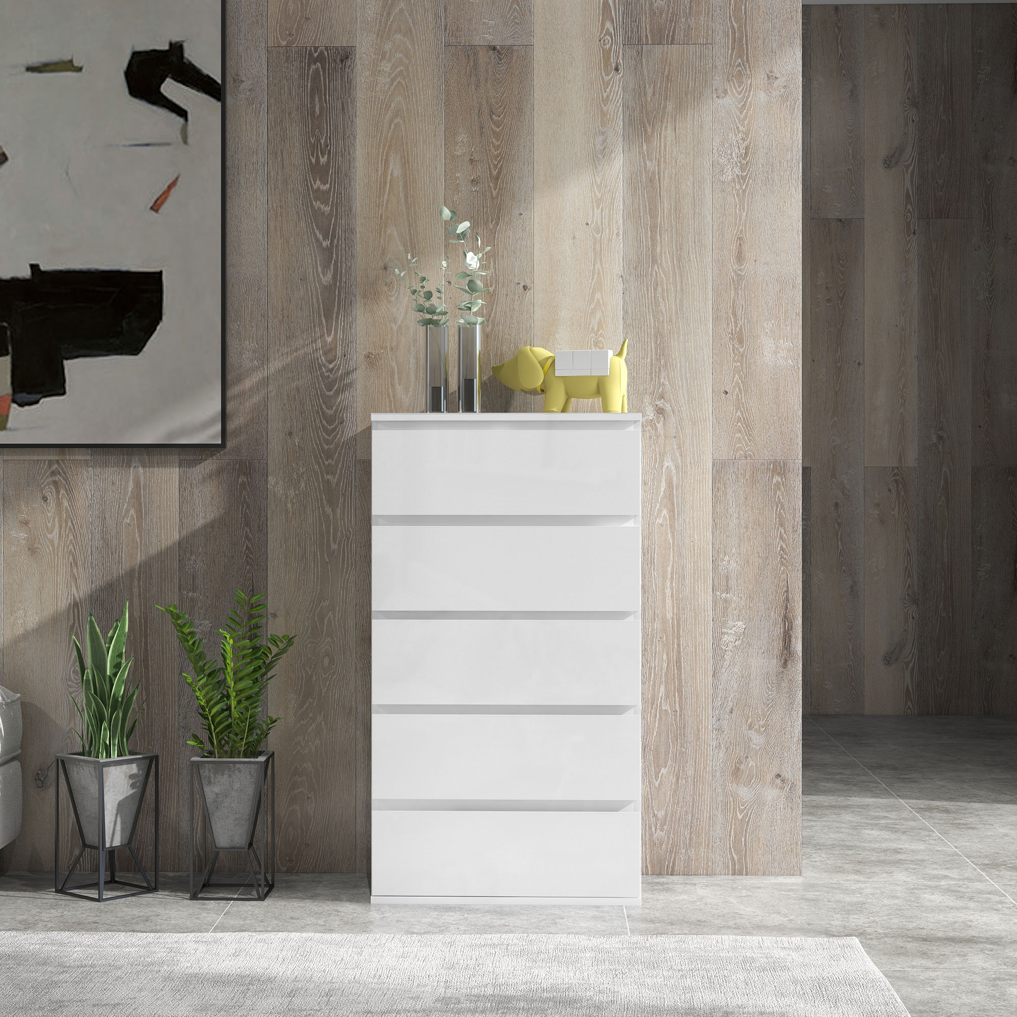HOMCOM 5-Drawer Modern Dresser, High Gloss Storage Drawer Unit for Bedroom, White 7