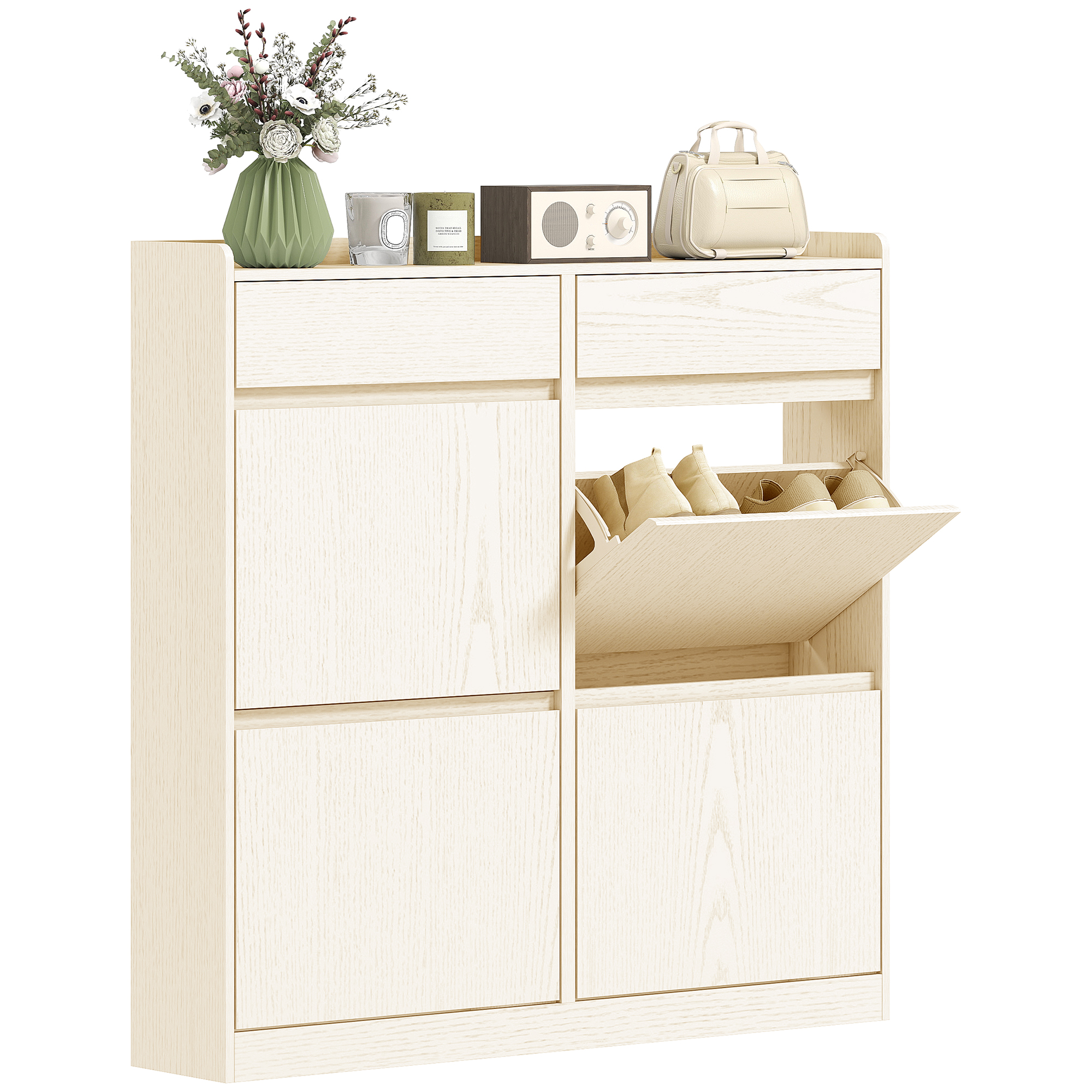 HOMCOM Meuble à chaussures 8 paires avec 2 tiroirs coulissants et 4 tiroirs rabattables, 98 x 19,2 x 95,3 cm, blanc
