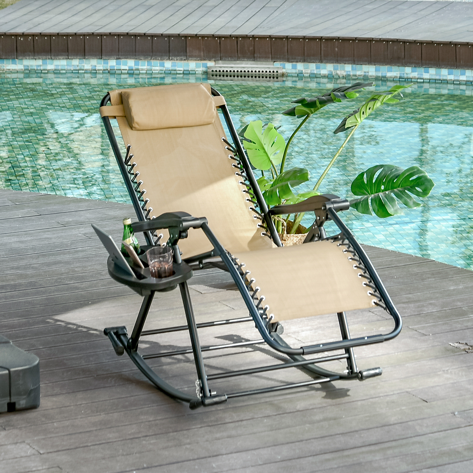 Outsunny Garden Rocking Chair Folding Recliner Outdoor Adjustable Sun Lounger Rocker Zero-Gravity Seat with Headrest Side Holder Patio Deck Beige 2