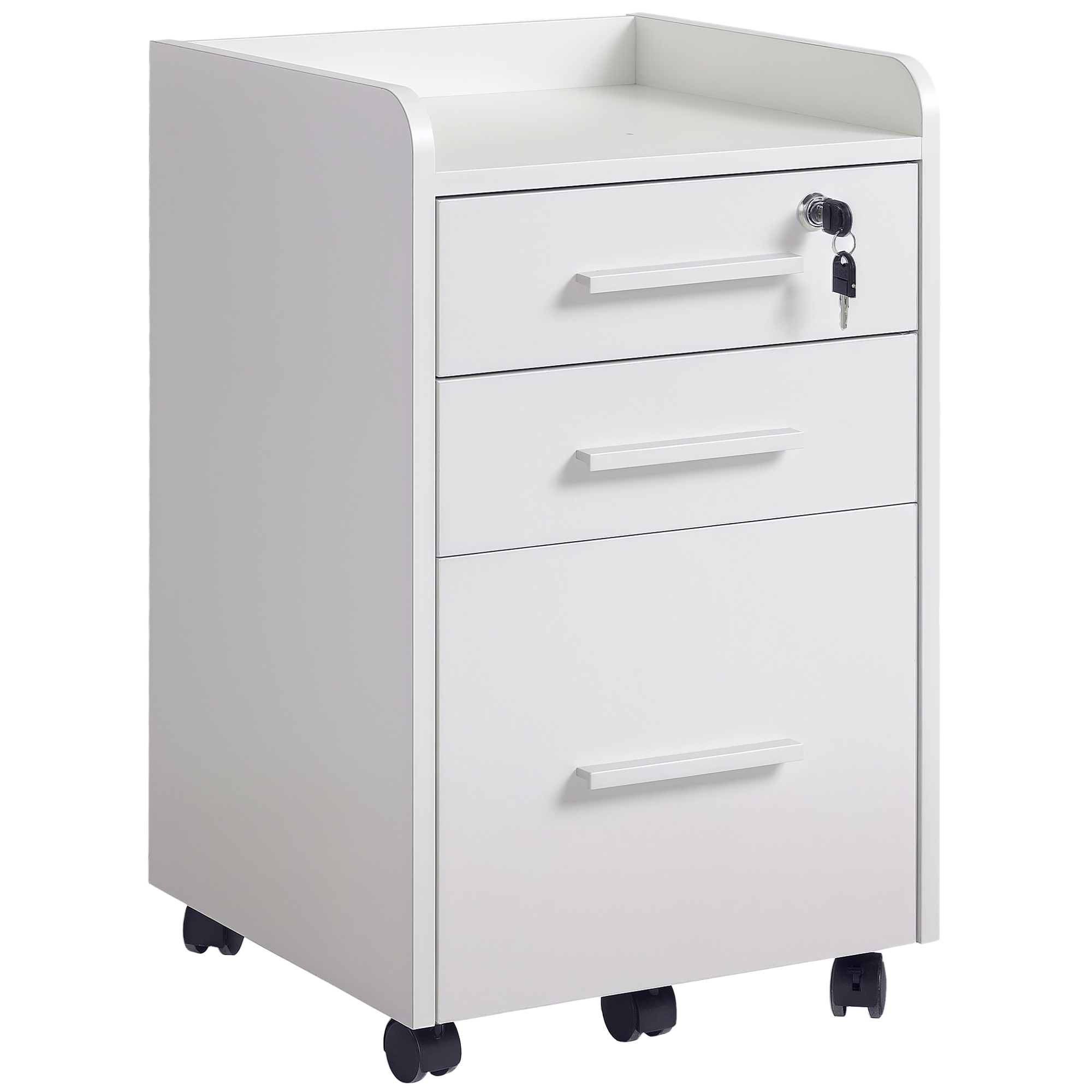 HOMCOM Cassettiera da Ufficio a 3 Cassetti con maniglie, Ripiano e 5 Ruote, in pannello truciolare e MDF, Bianco,39.2 x 40 x 65.4cm Aosom Italy