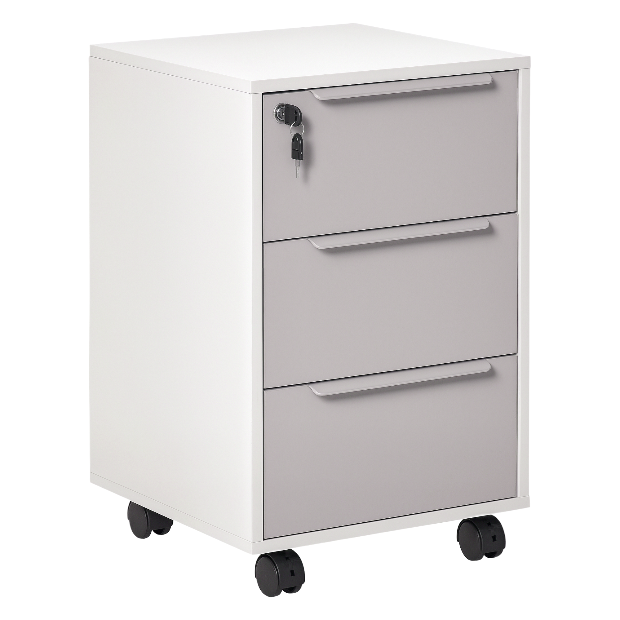 HOMCOMCaisson de bureau rangement sur roulettes 3 tiroirs 1 verrouillable avec 2 clés en bois blanc et gris