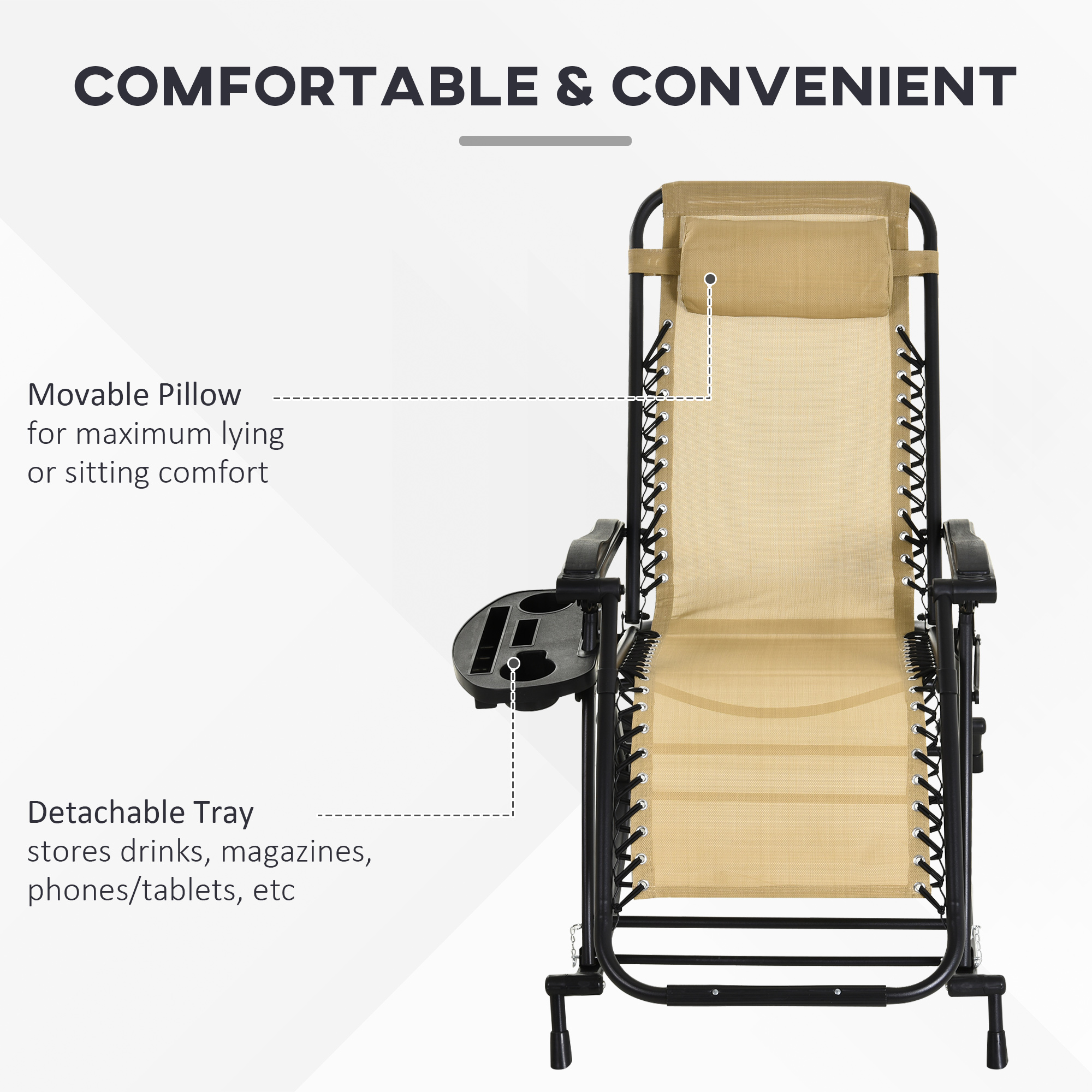 Outsunny Garden Rocking Chair Folding Recliner Outdoor Adjustable Sun Lounger Rocker Zero-Gravity Seat with Headrest Side Holder Patio Deck Beige 5