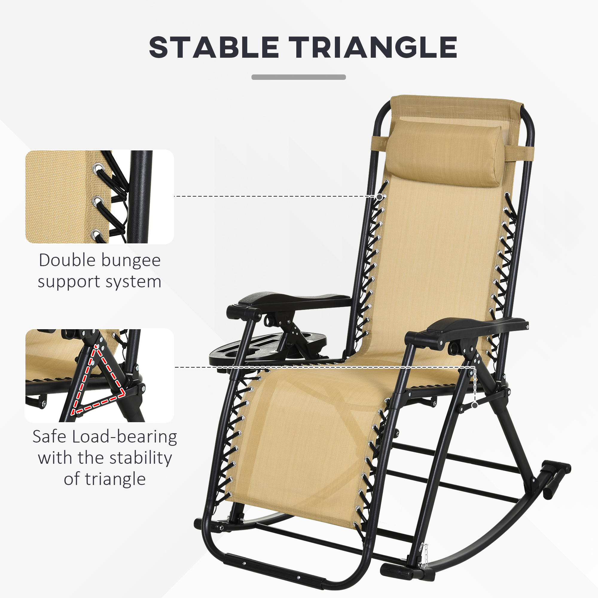 Outsunny Garden Rocking Chair Folding Recliner Outdoor Adjustable Sun Lounger Rocker Zero-Gravity Seat with Headrest Side Holder Patio Deck Beige 6