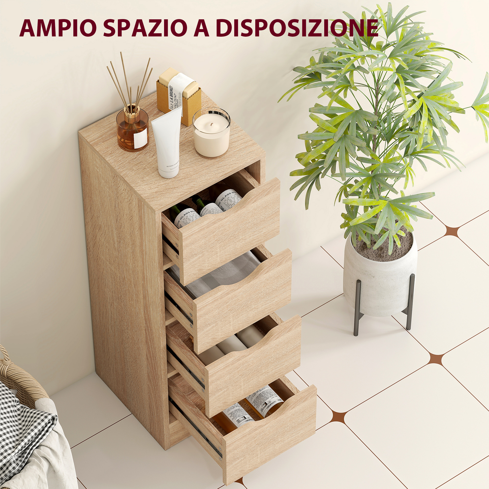 LIANTRAL Cassettiera sottile verticale con 4 cassetti in tessuto e piano in legno, per bagno, cucina, soggiorno, ingresso, spazi ristretti (bianco e grigio