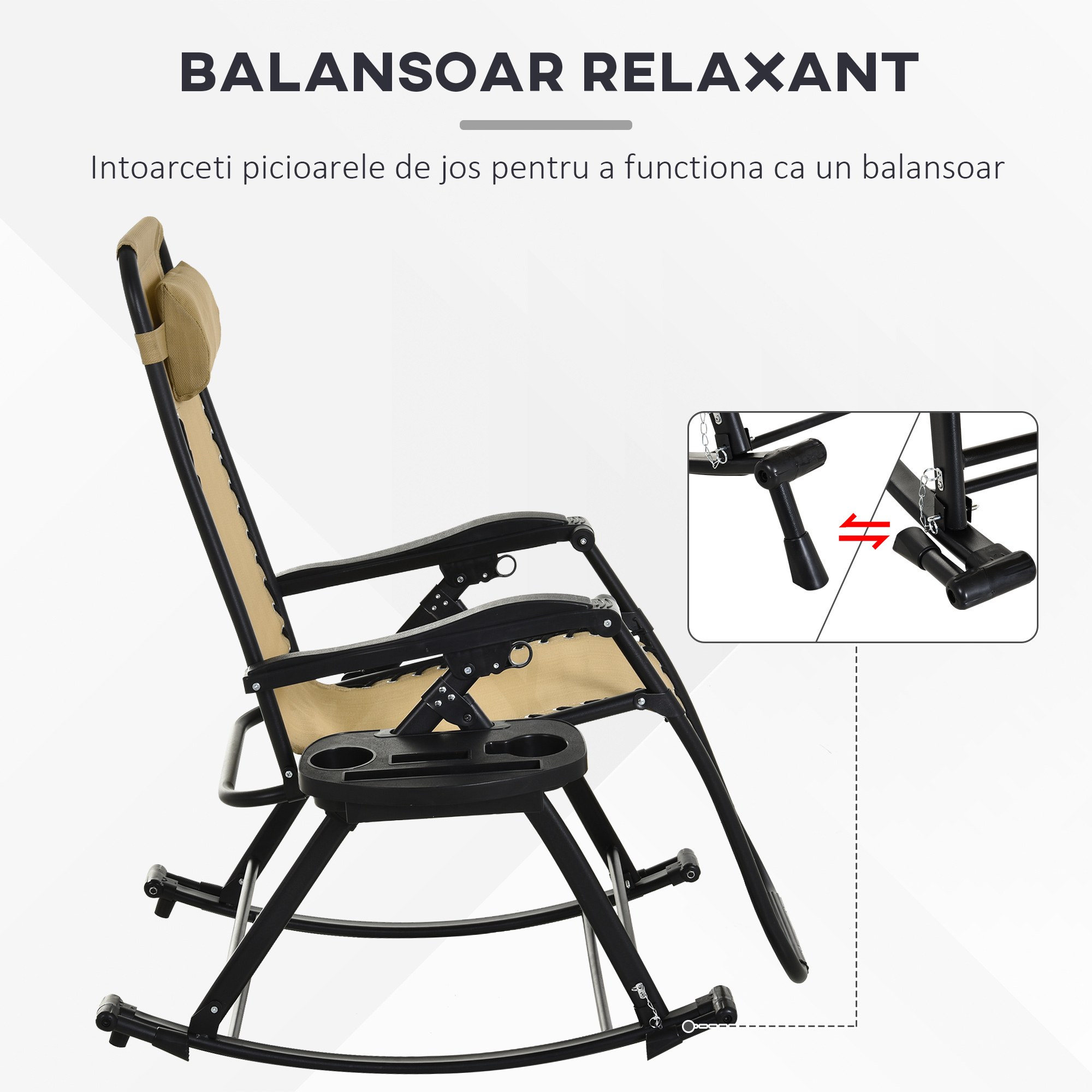 Outsunny Garden Rocking Chair Folding Recliner Outdoor Adjustable Sun Lounger Rocker Zero-Gravity Seat with Headrest Side Holder Patio Deck Beige 8