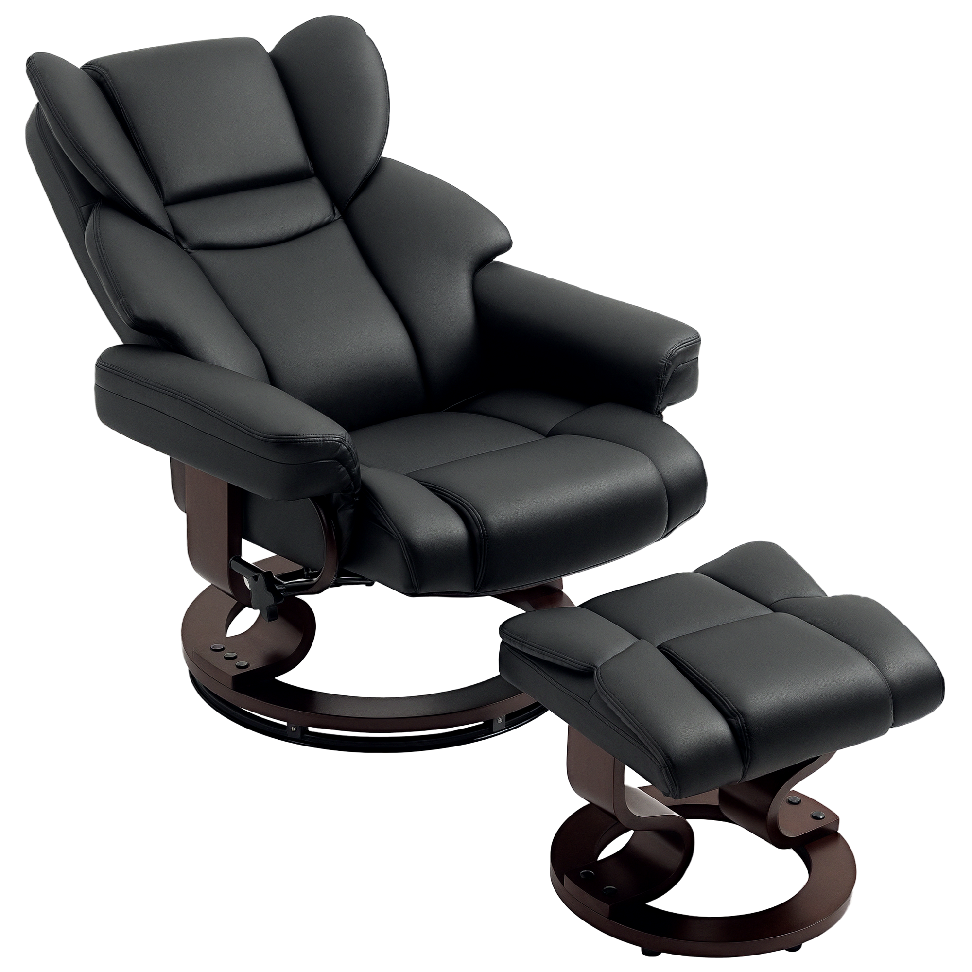 HOMCOM 360? Swivel Recliner Chair with Footstool, PU Leather Manual Recliner Armchair with Footstool, Solid Wood Base, Upholstered Reclining Chair for Living Room, Bedroom, Office, Black
