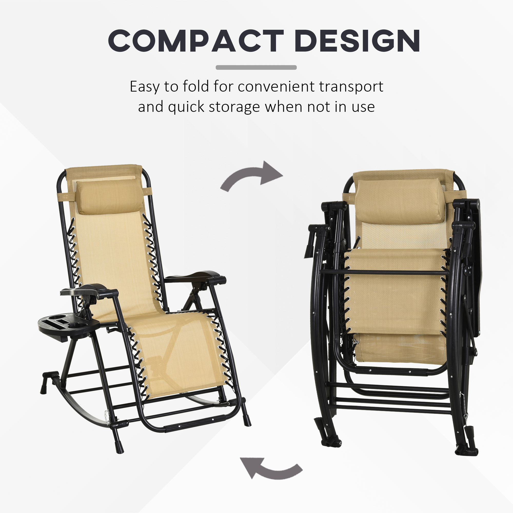 Outsunny Garden Rocking Chair Folding Recliner Outdoor Adjustable Sun Lounger Rocker Zero-Gravity Seat with Headrest Side Holder Patio Deck Beige 4