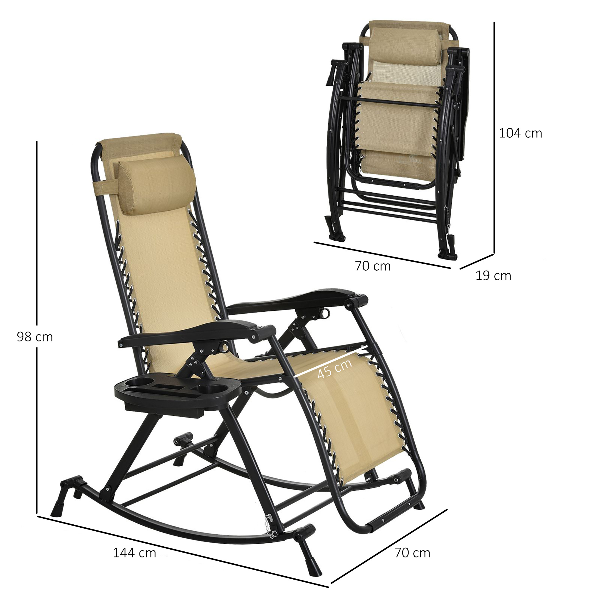 Outsunny Garden Rocking Chair Folding Recliner Outdoor Adjustable Sun Lounger Rocker Zero-Gravity Seat with Headrest Side Holder Patio Deck Beige 3