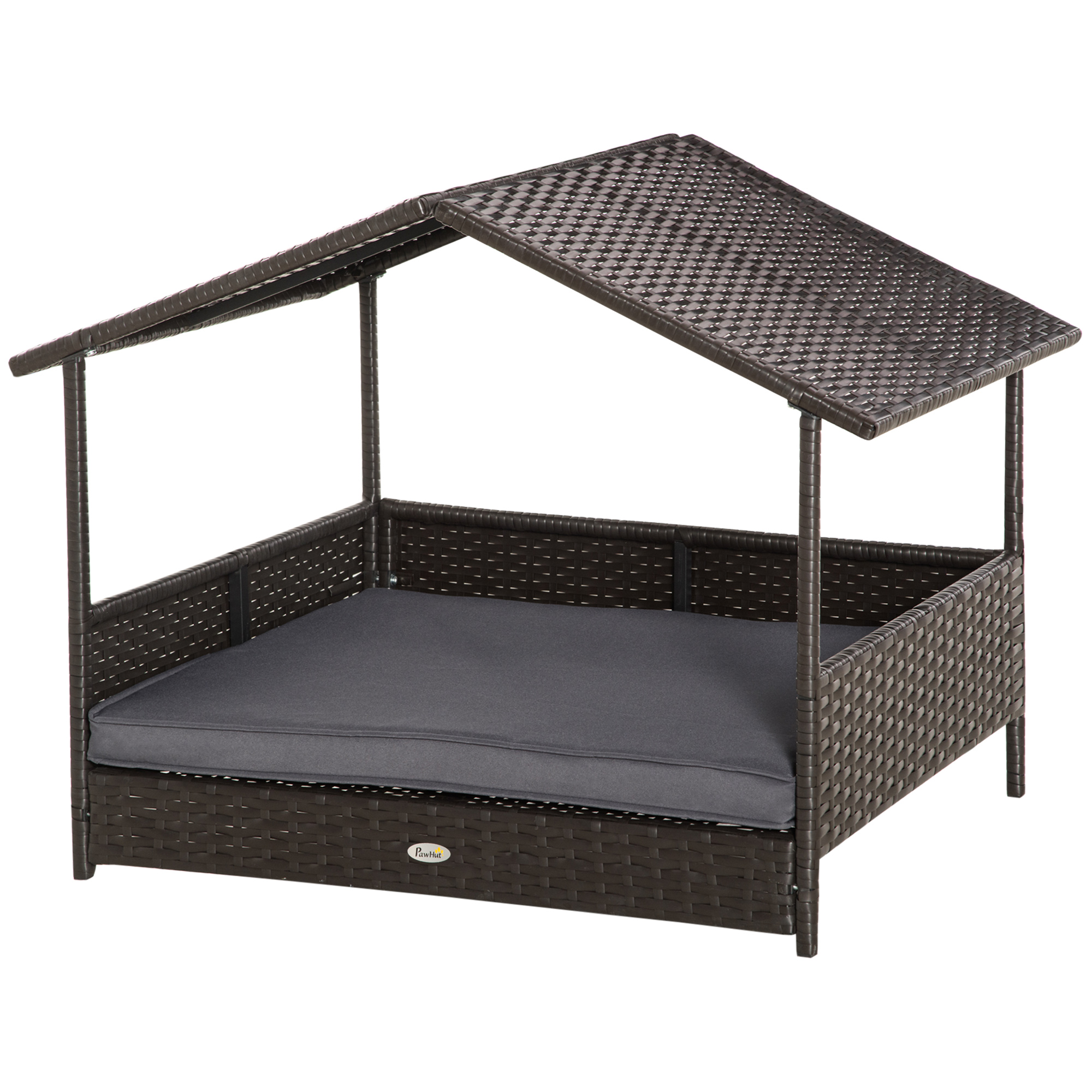PawHut Wicker Dog House, Rattan Pet Bed, with Removable Cushion, Canopy, for Small and Medium Dogs - Dark Grey