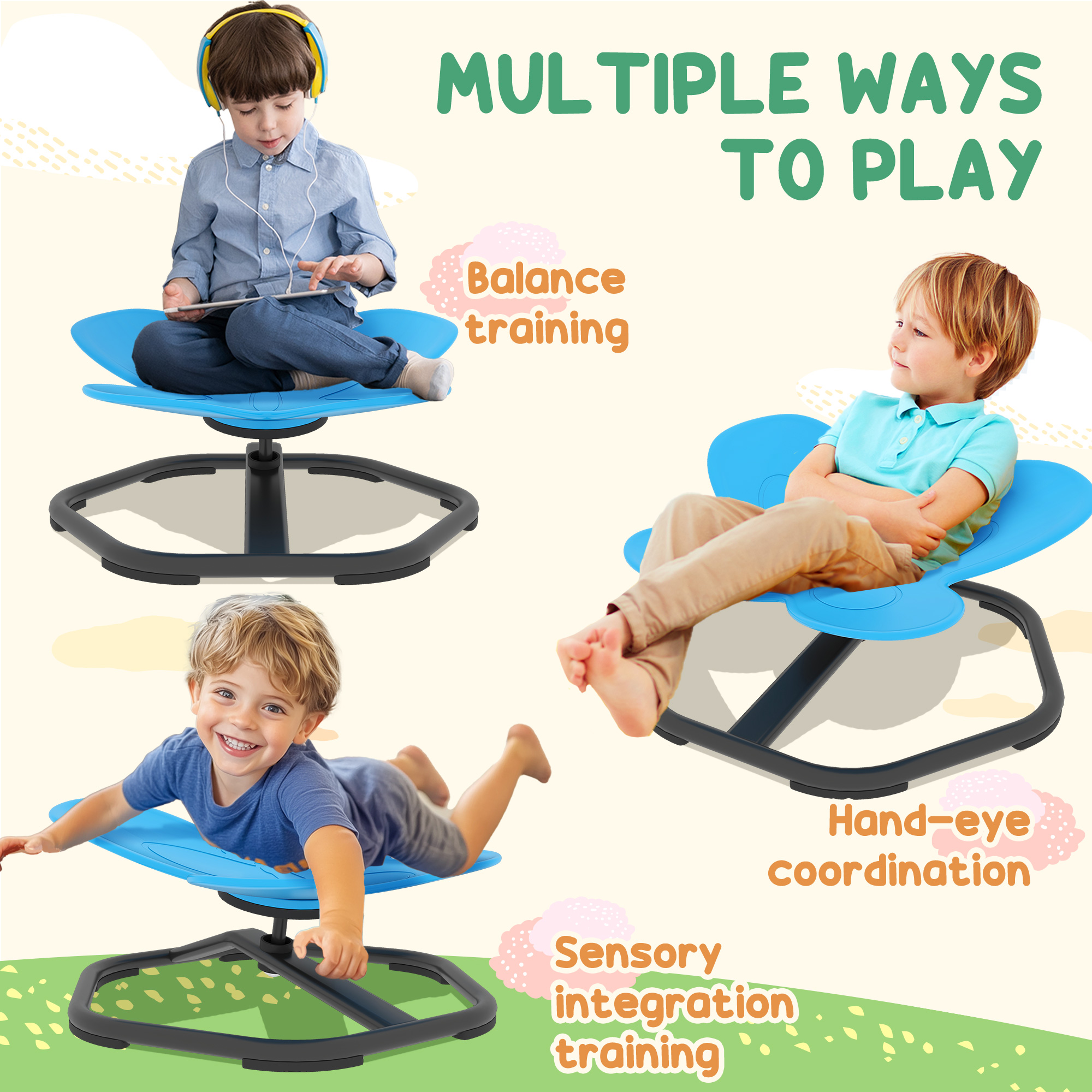 AIYAPLAY Butterfly-Shaped-kids Swivel Chair, Sensory Spinning Chair for Balance, Coordination Training, Blue 6