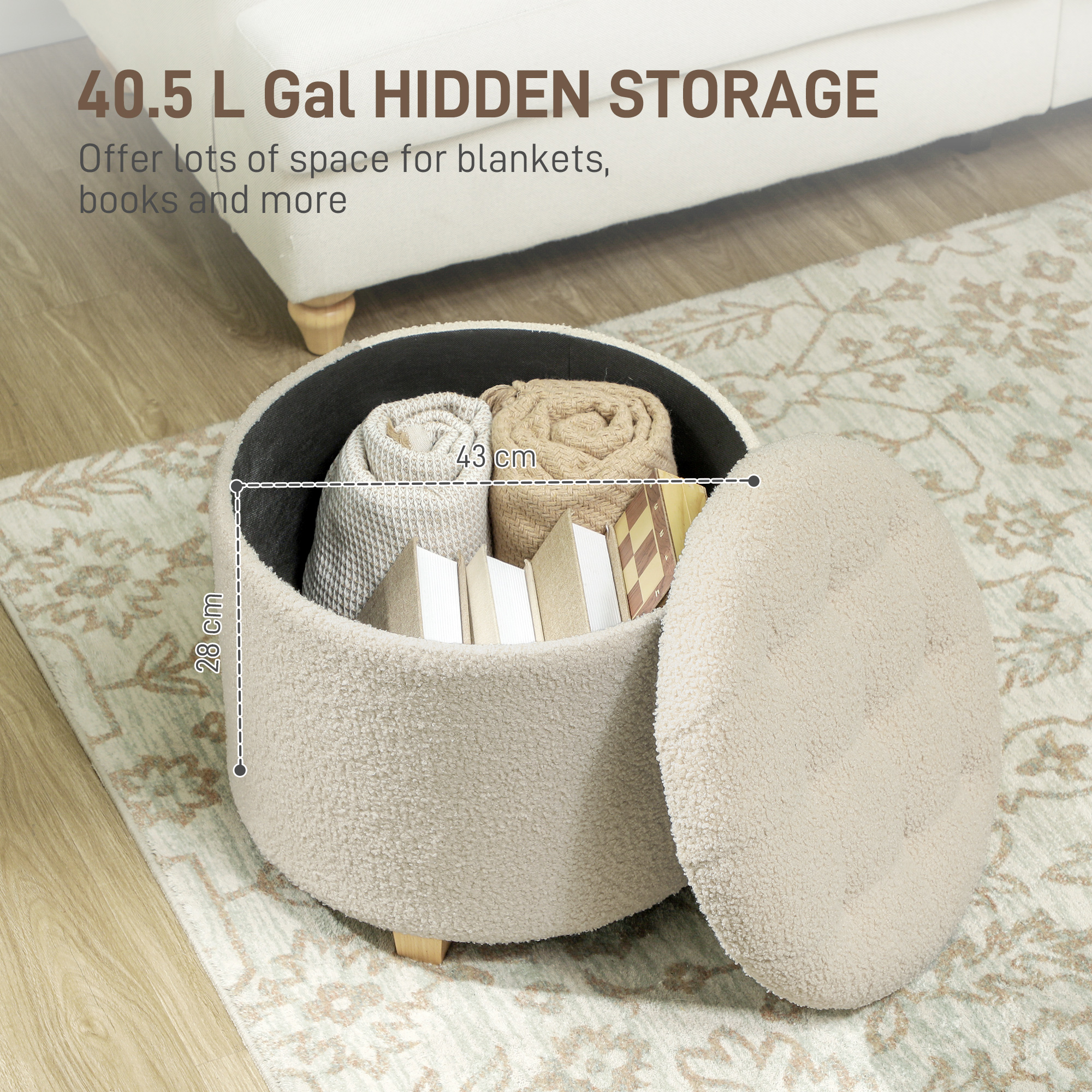 HOMCOM 40.5L Teddy Fleece Storage Ottoman Cream White 4