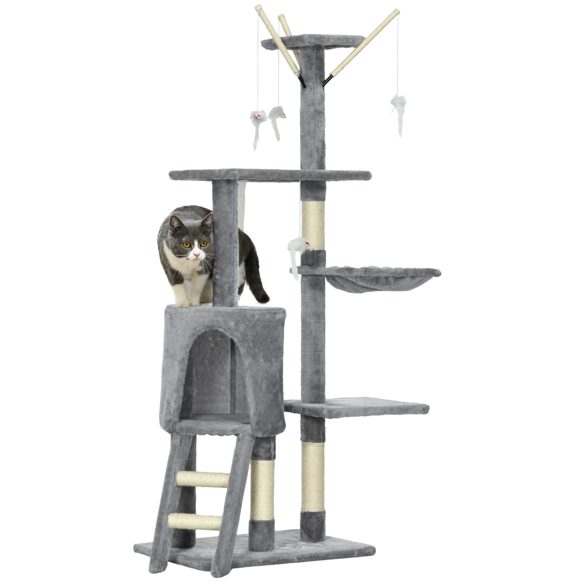 Image of PawHut Torre per Gatti con Casetta, Trespolo, Piattaforme e 4 Topolini, in Legno, Peluche e Sisal, 50x35x134.2 cm, Grigio Aosom Italy006